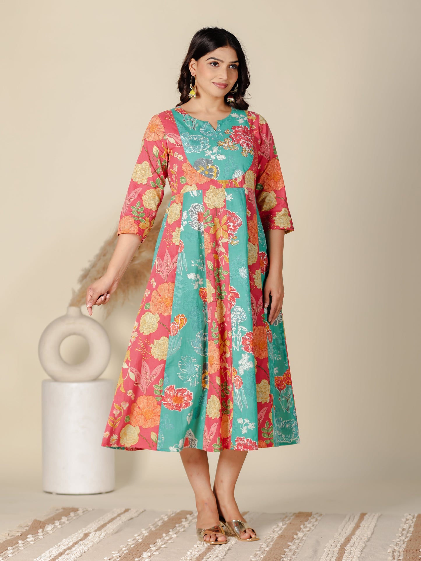 Soft Cotton Floral Anarkali Multicolor Dress