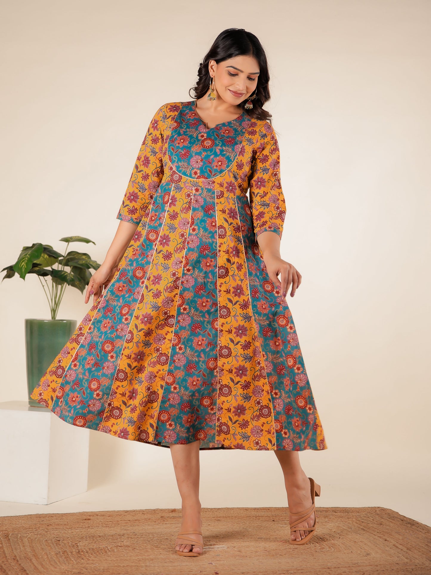Soft Cotton Floral Anarkali Multicolor Dress