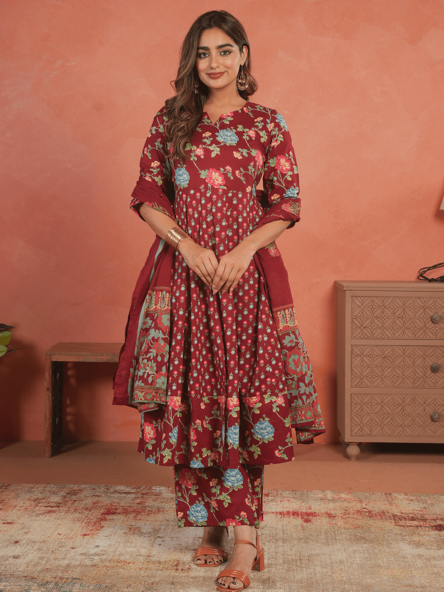 Cotton Voile Floral Maroon Dupatta