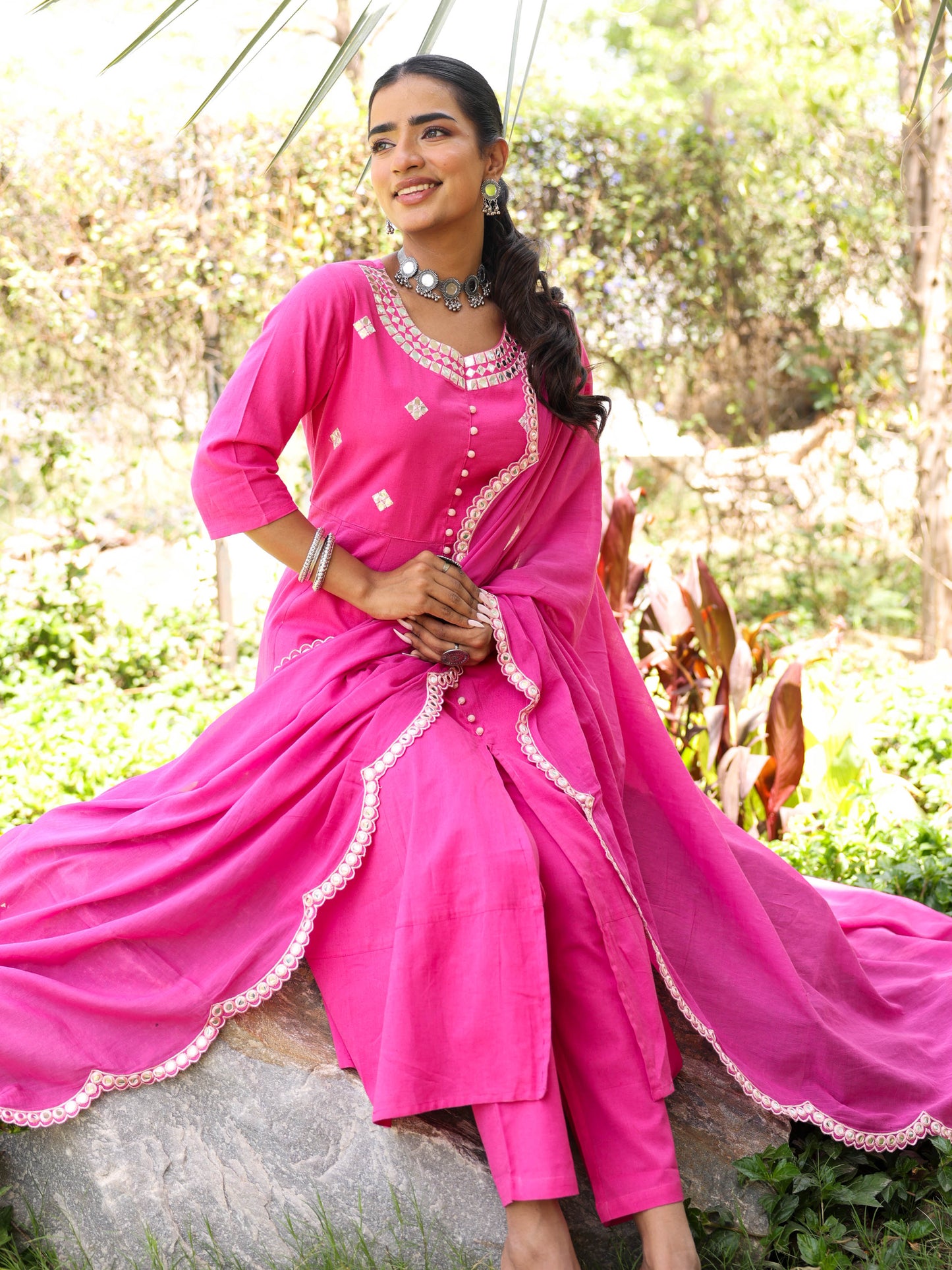 Embroidered Voile Cotton Solid Pink Dupatta