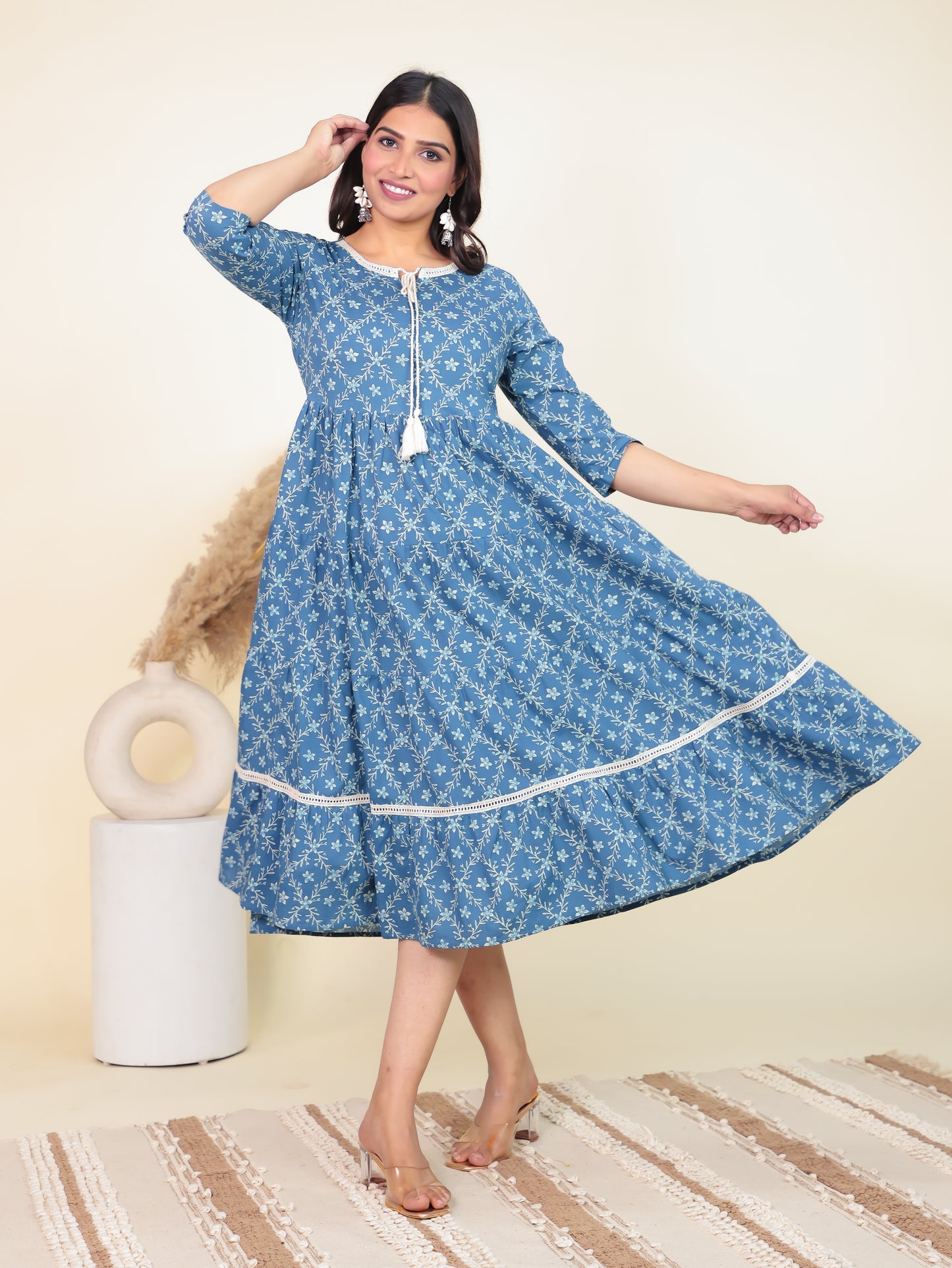 Soft Cotton Floral Anarkali Blue Dress