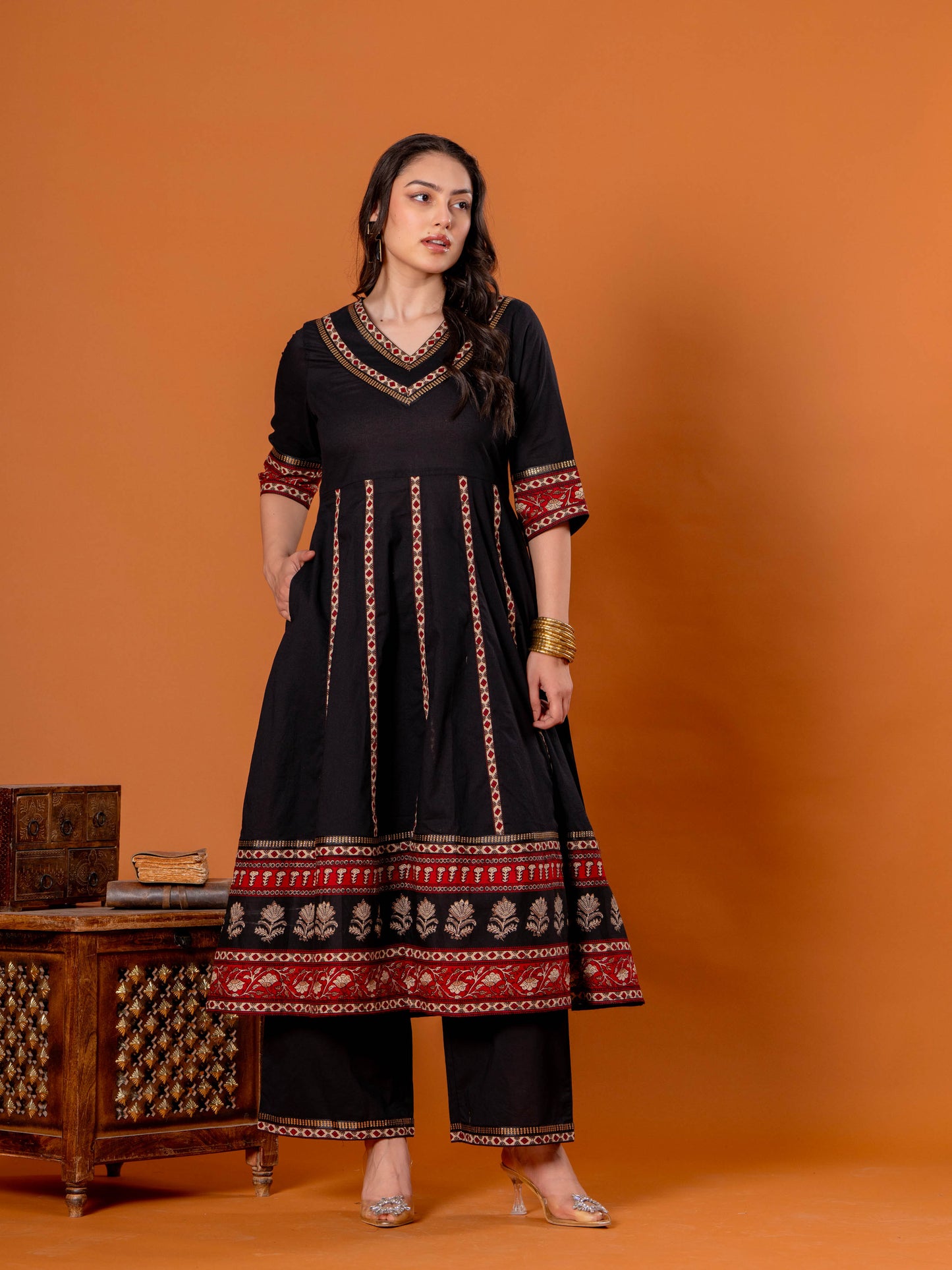 Embroidered Soft Cotton Solid Anarkali Black Kurta