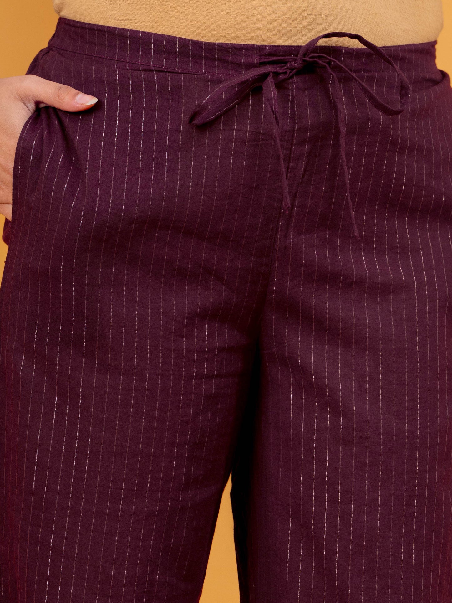 Embroidered Lurex Cotton Solid Maroon Tapered Trousers