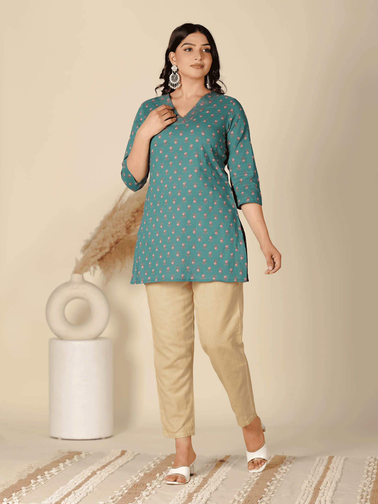 Soft Cotton Floral Straight Green Kurti