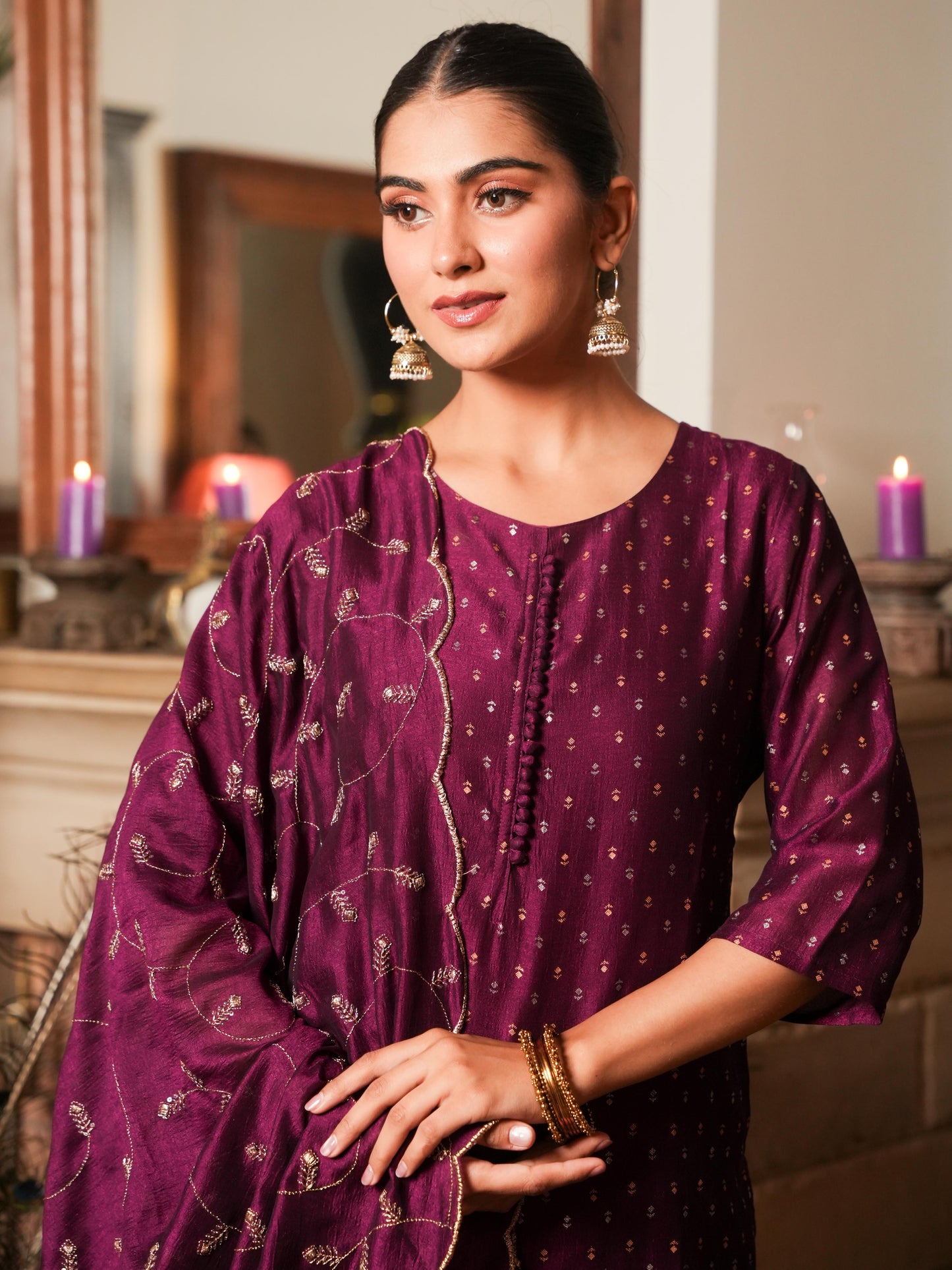 Chanderi Solid Straight Purple Kurta