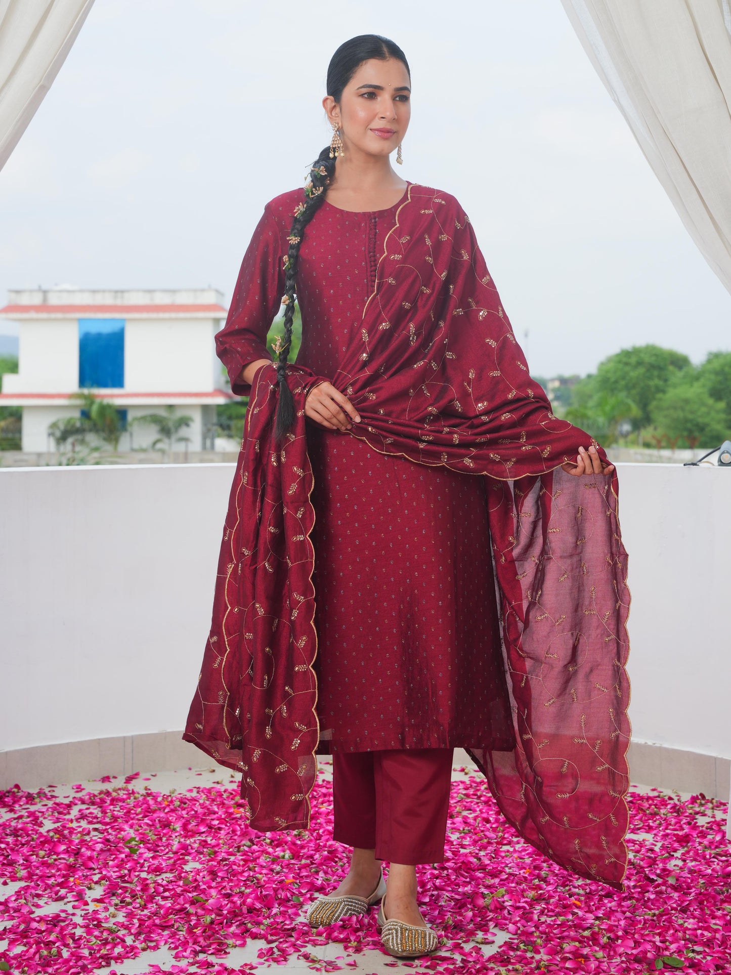 Chanderi Embroidered Maroon Dupatta