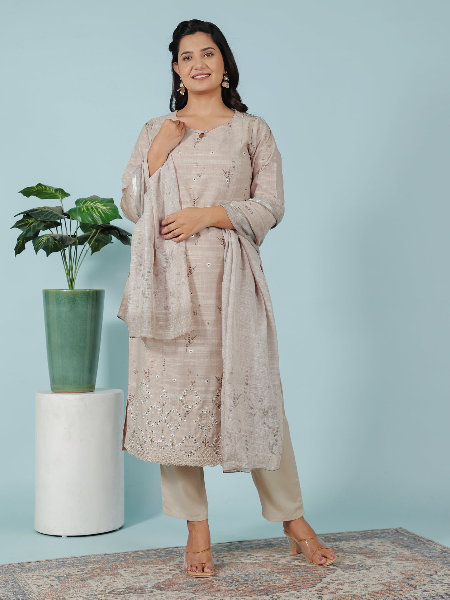 Linen Cotton Floral Beige Dupatta