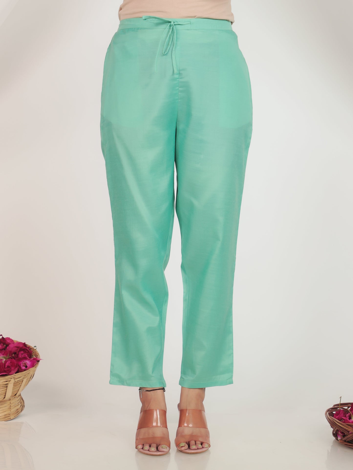 Blended Silk Solid Green Tapered Trousers