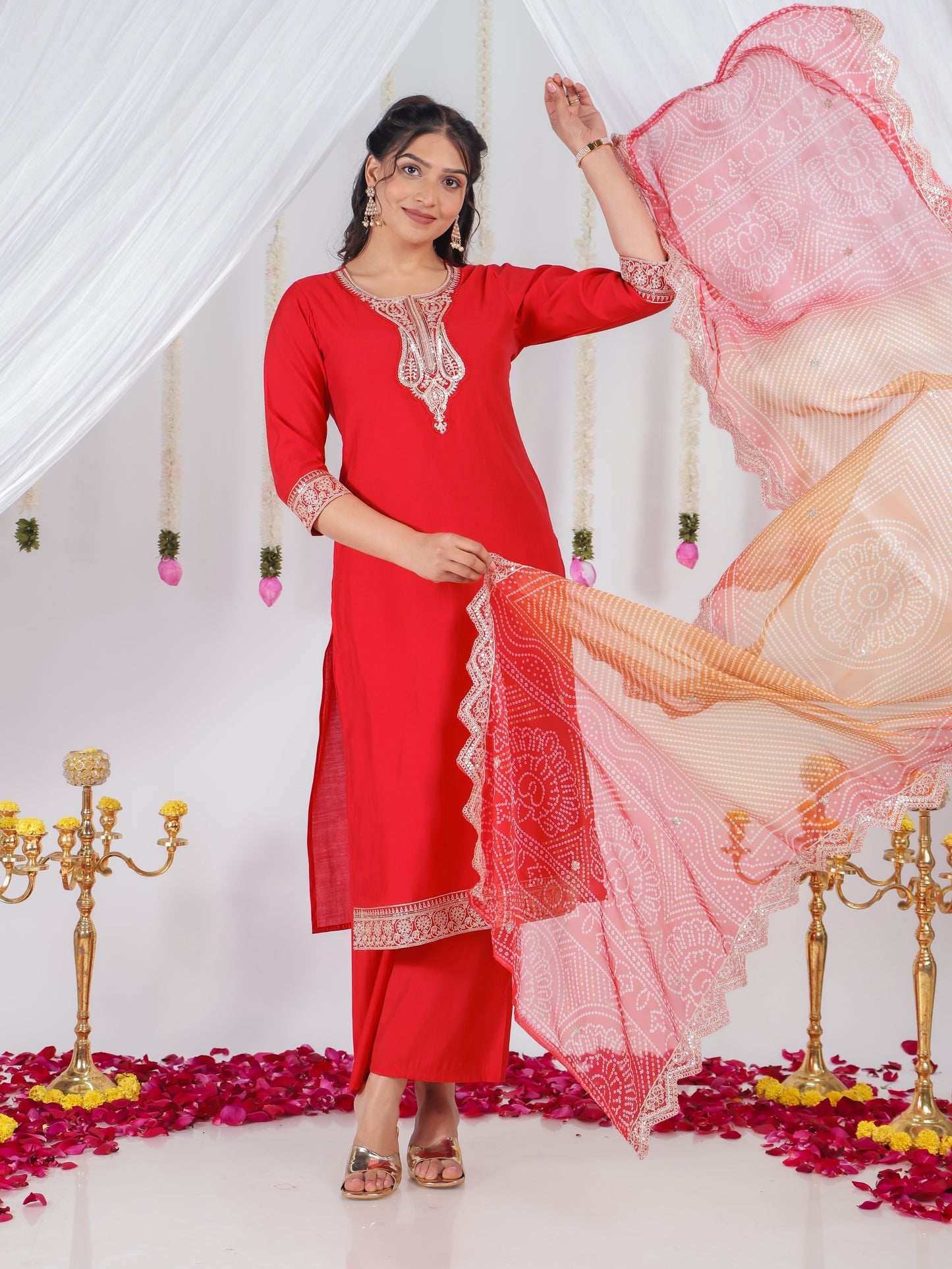 Embroidered Blended Silk Solid Straight Red Kurta