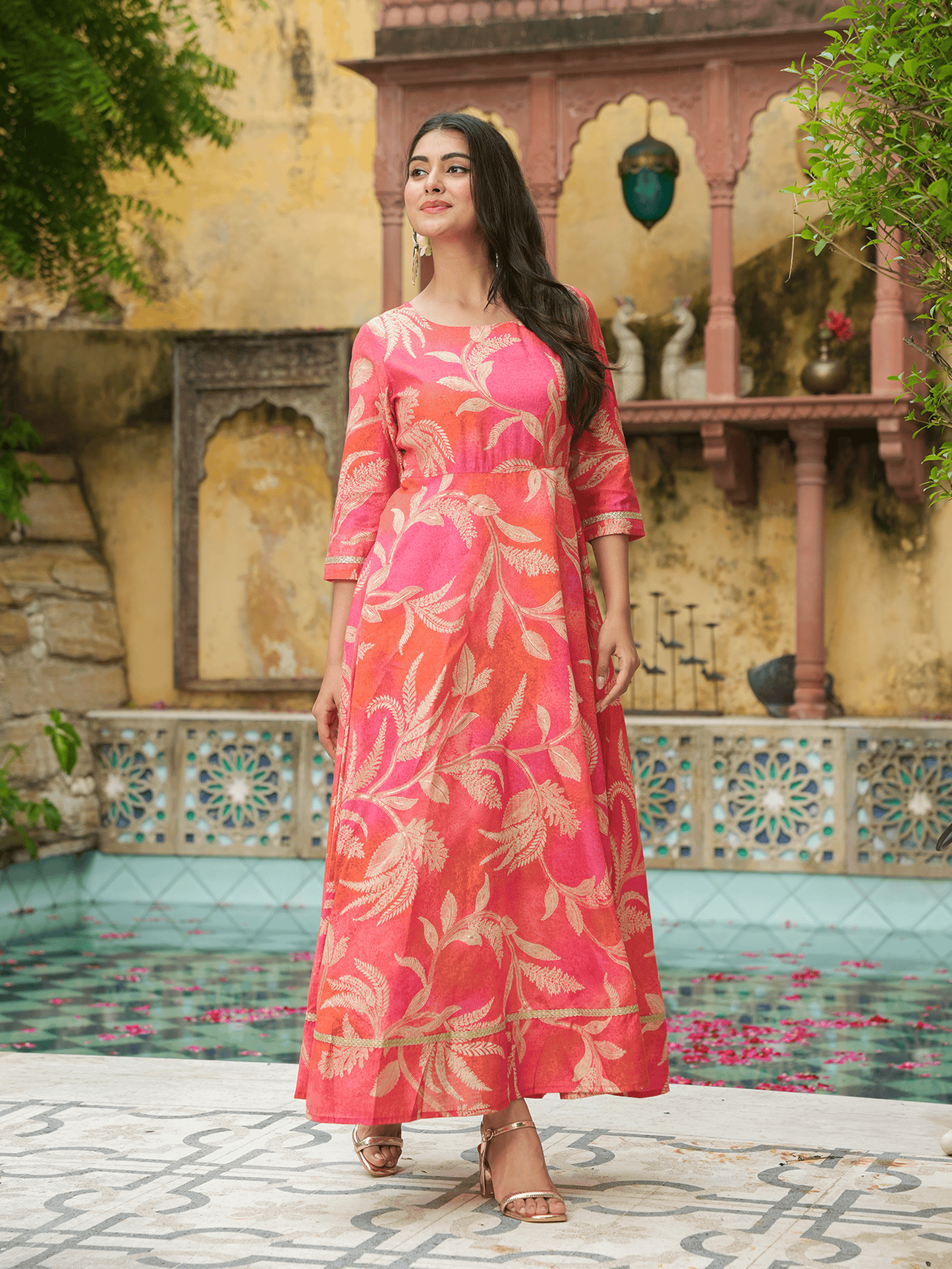 Blended Silk Floral Anarkali Orange Dress