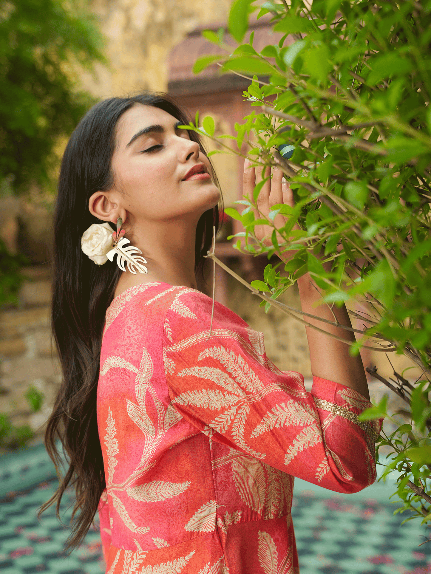 Blended Silk Floral Anarkali Orange Dress (With Belt)