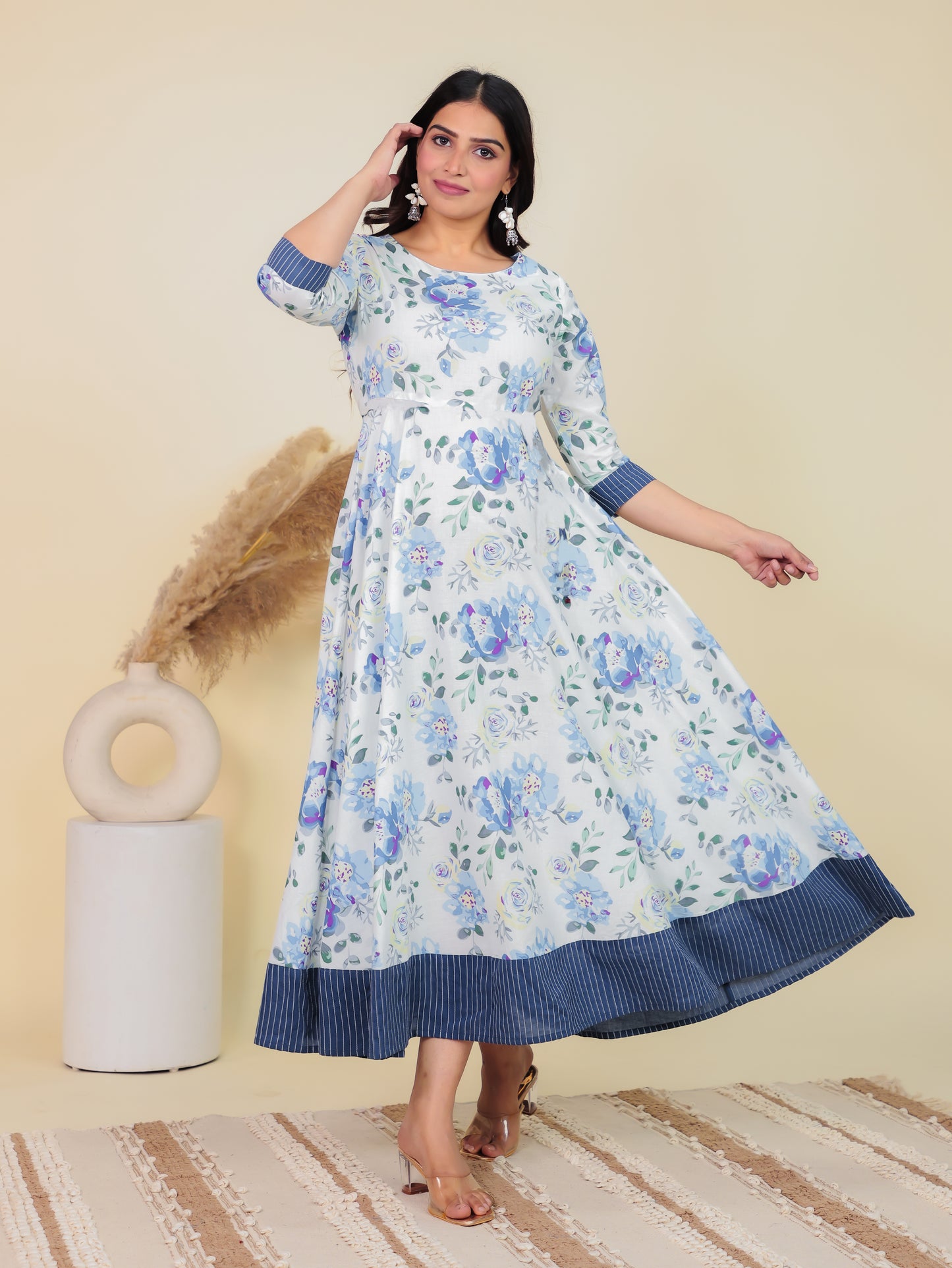 Soft Cotton Floral Anarkali White Dress