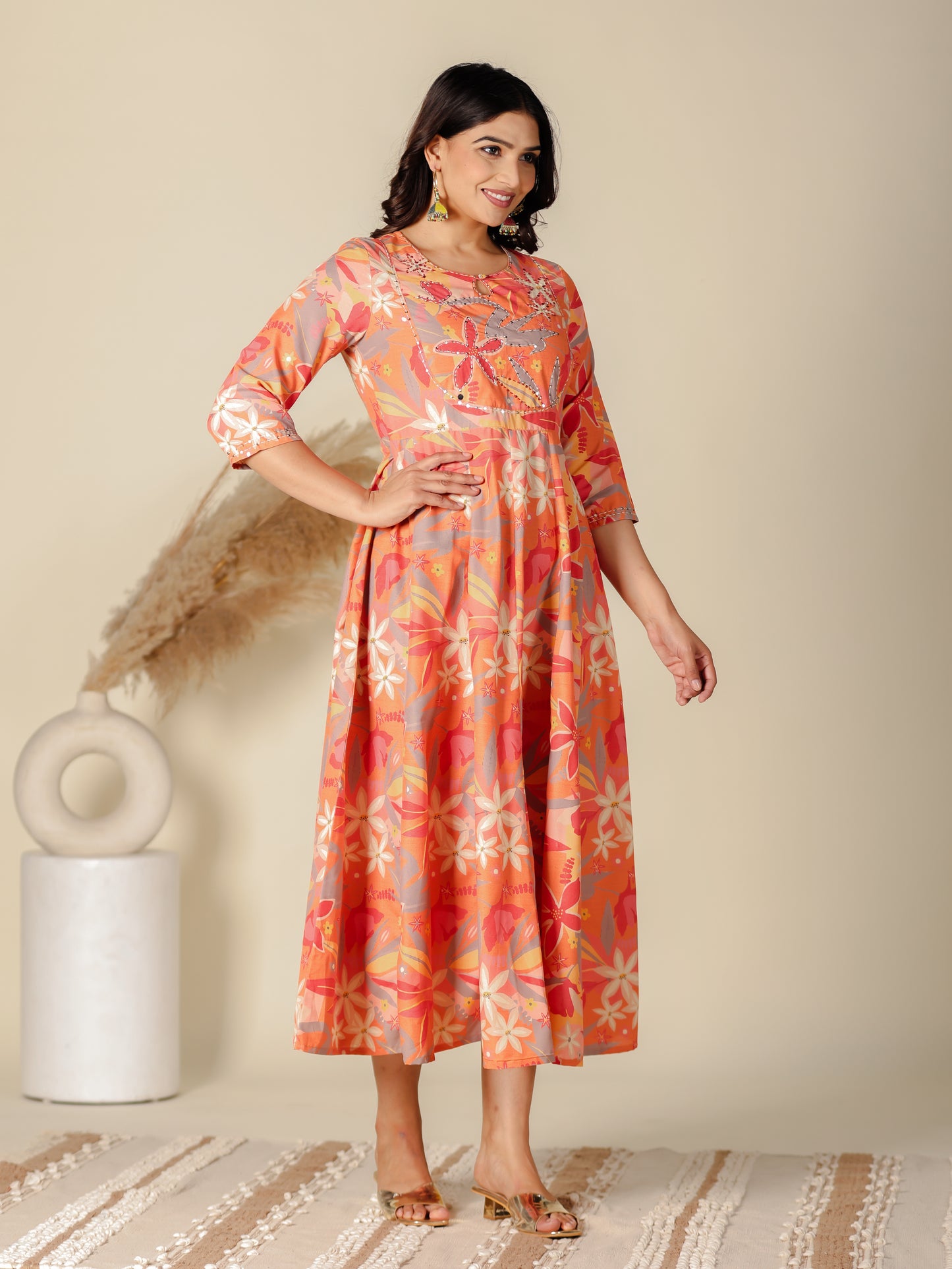 Blend Cotton Floral Anarkali Orange Dress
