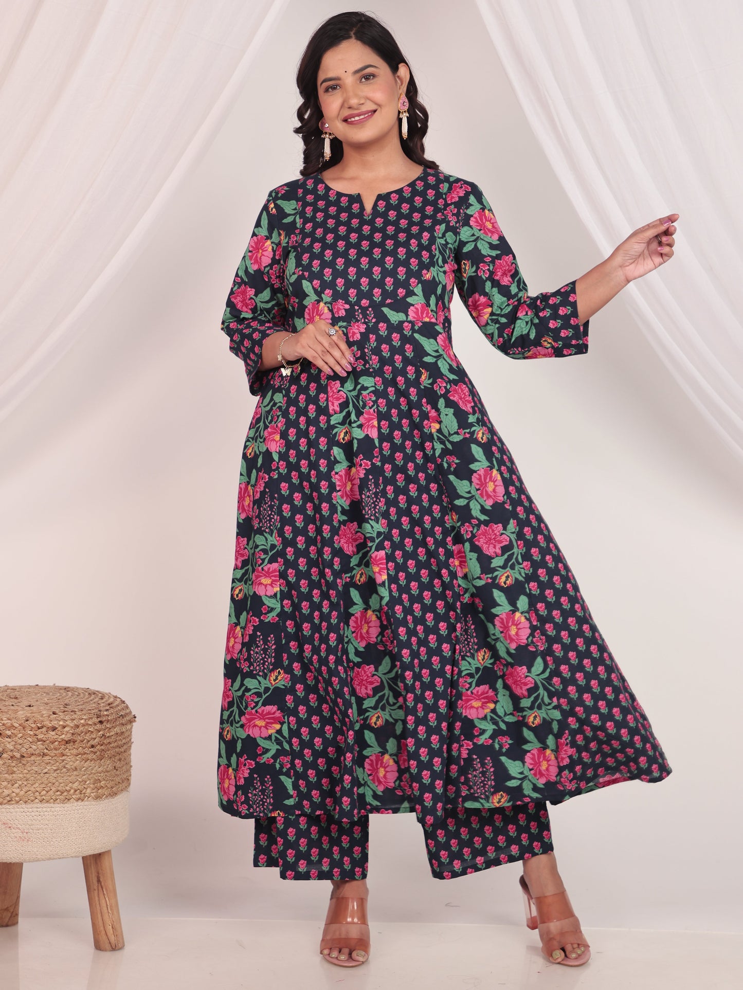 Soft Cotton Floral Anarkali Blue Kurta