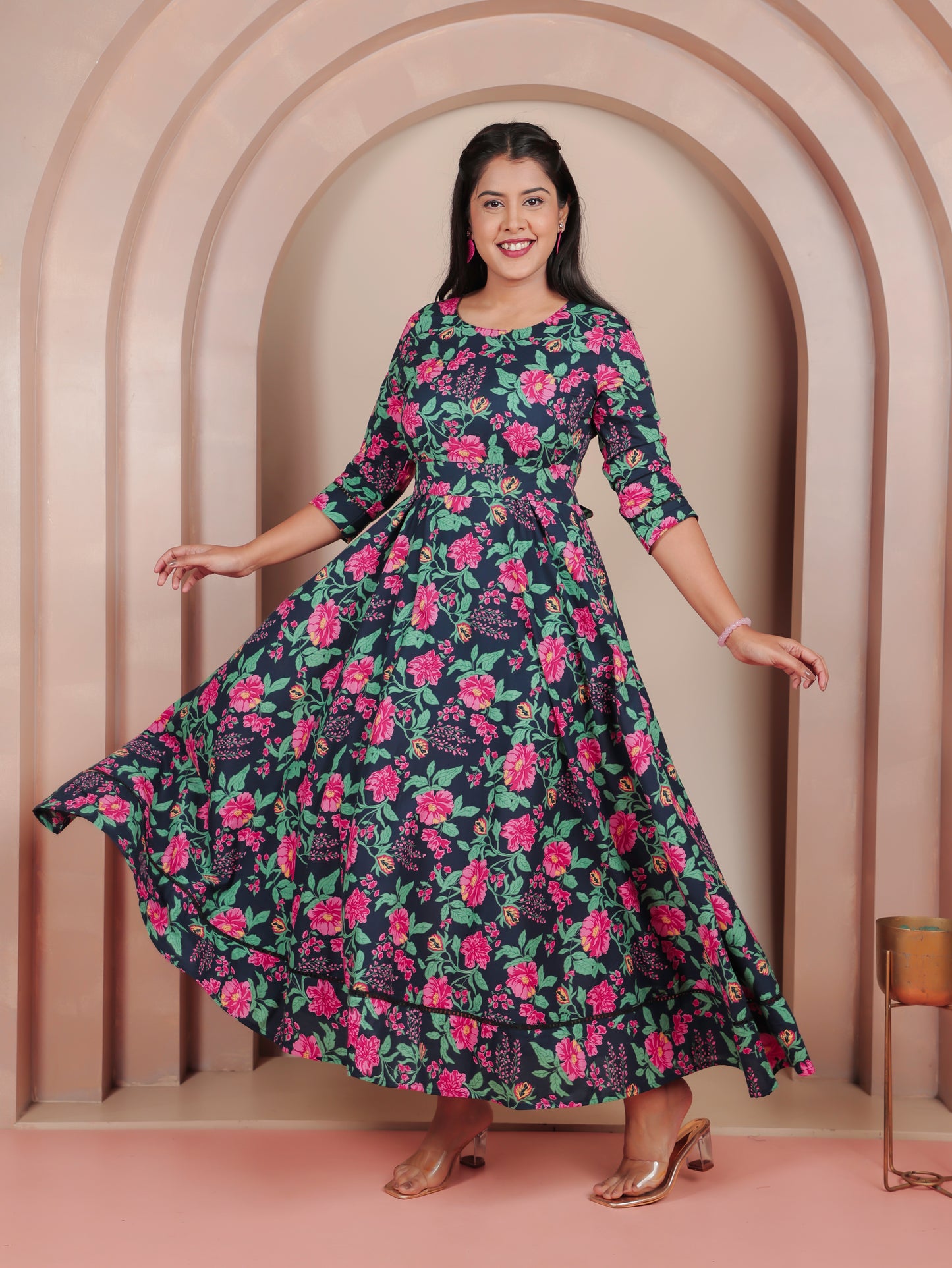 Soft Cotton Floral Anarkali Blue Dress