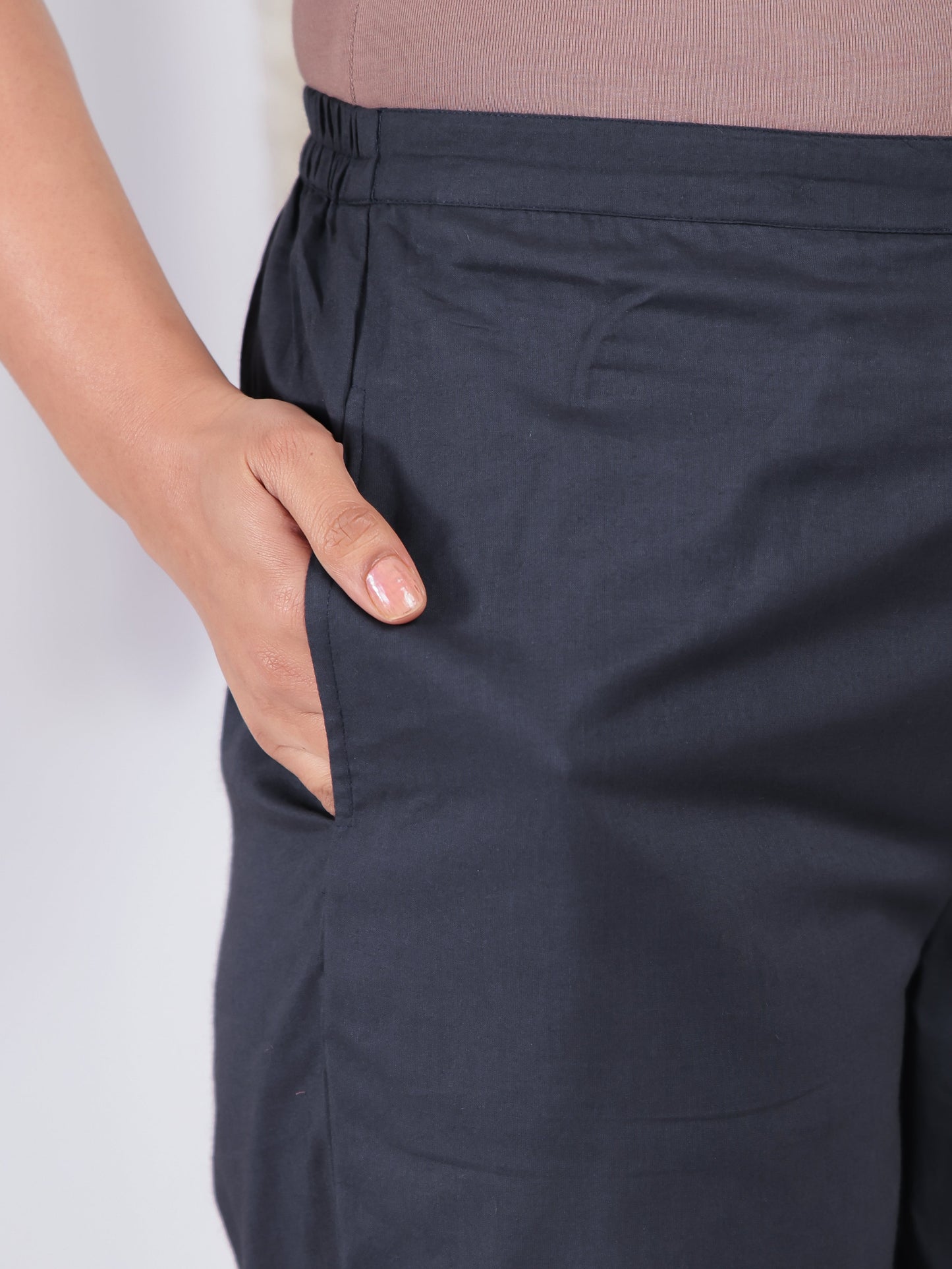 Soft Cotton Solid Black Tapered Trousers