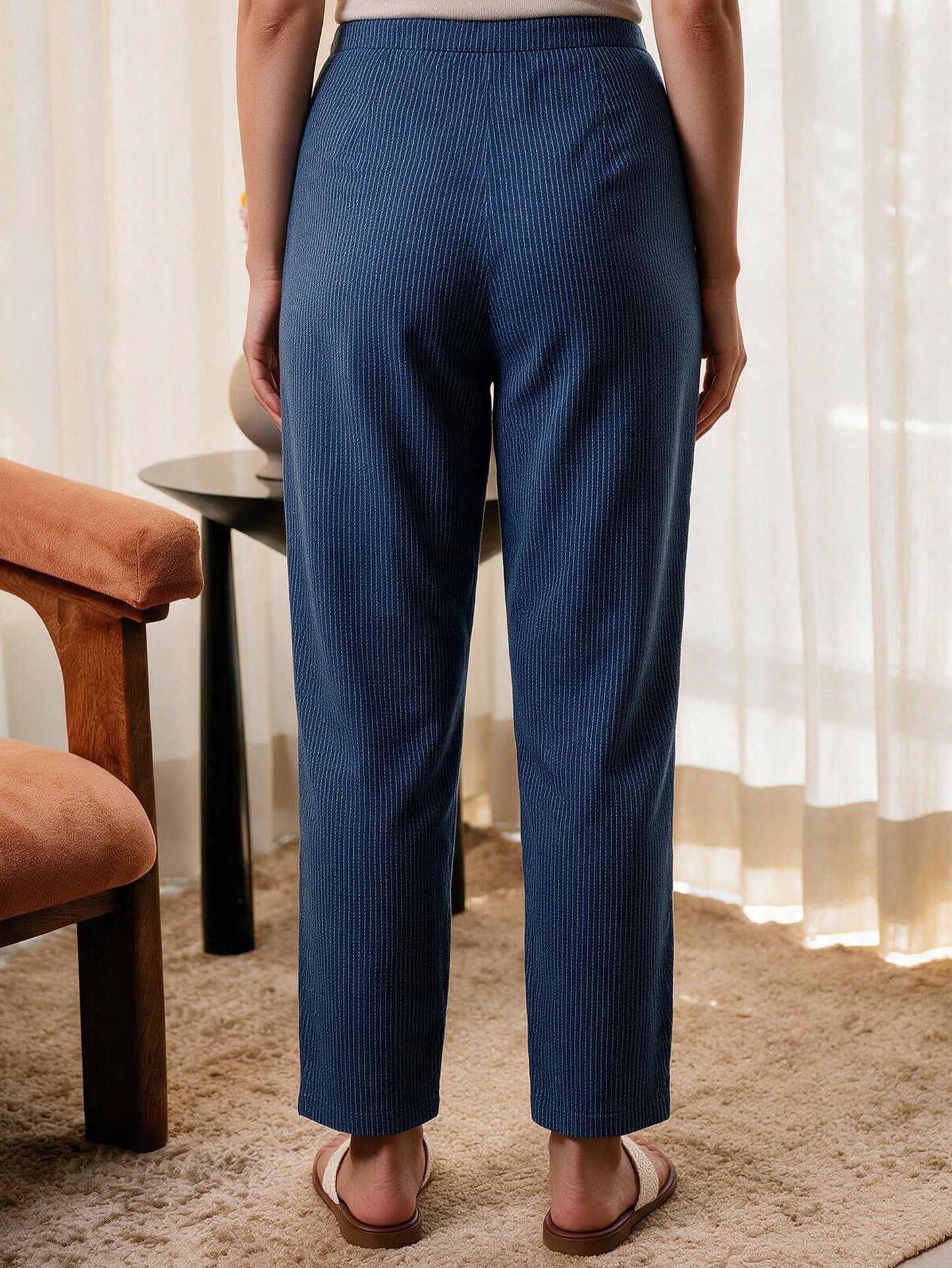 Kantha Cotton Solid Blue Tapered Trousers
