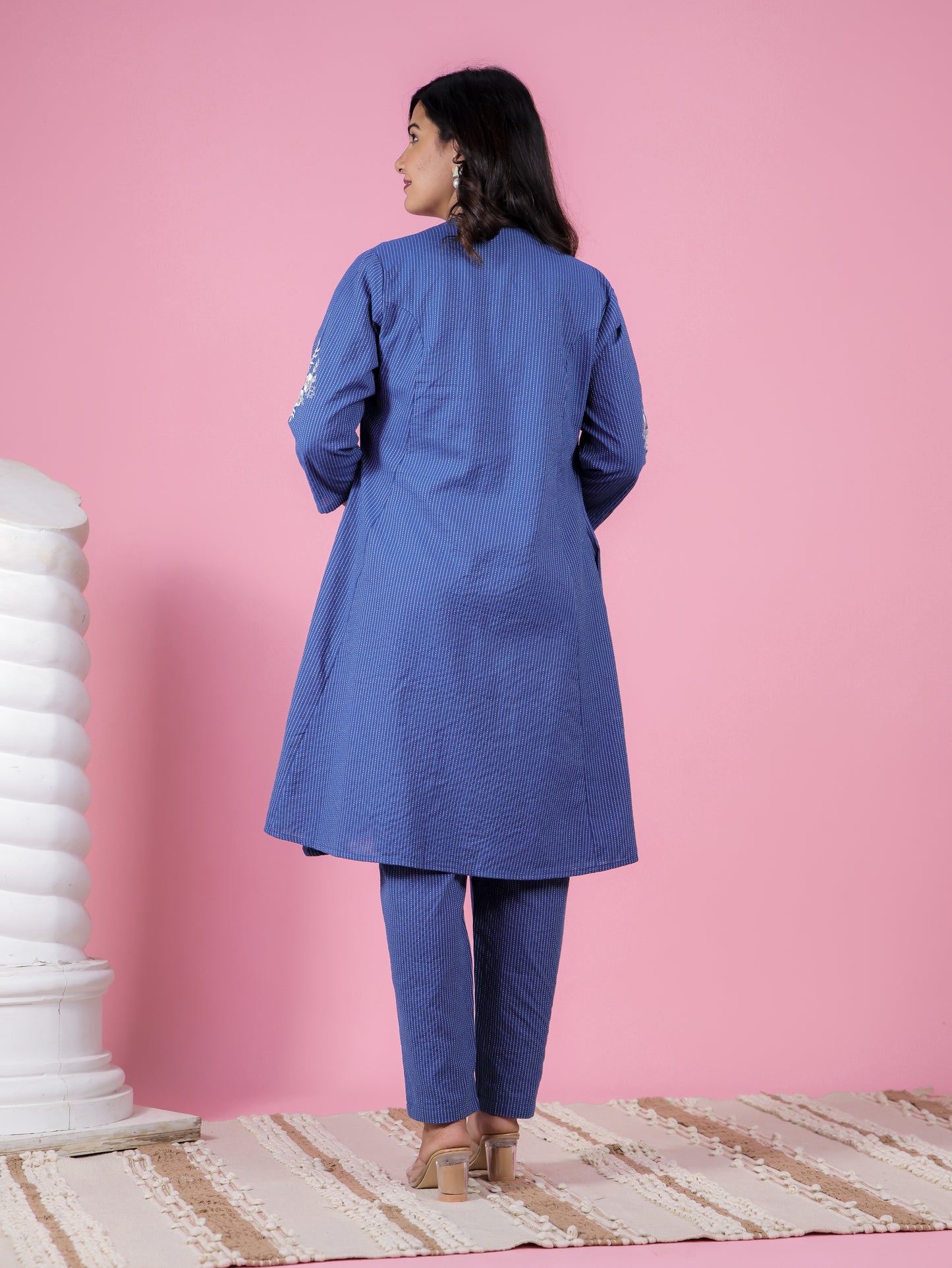 Embroidered Kantha Cotton Solid A-line Blue Jacket