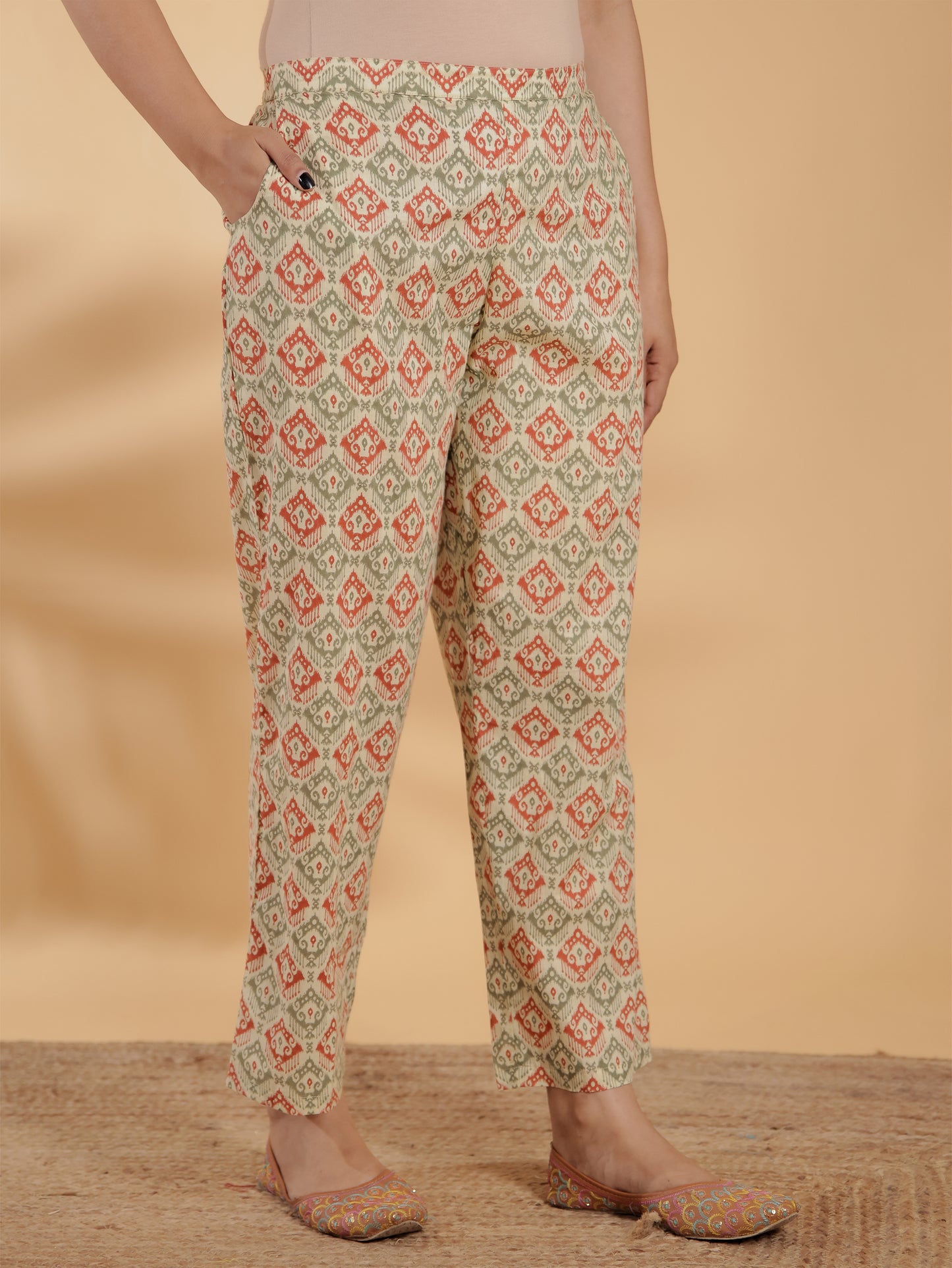 Soft Cotton Ikat Green Straight Trousers