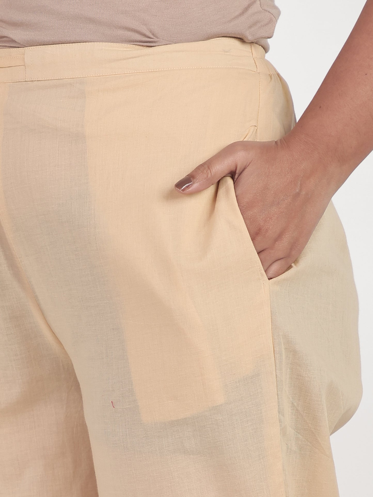 Soft Cotton Solid Beige Tapered Trousers