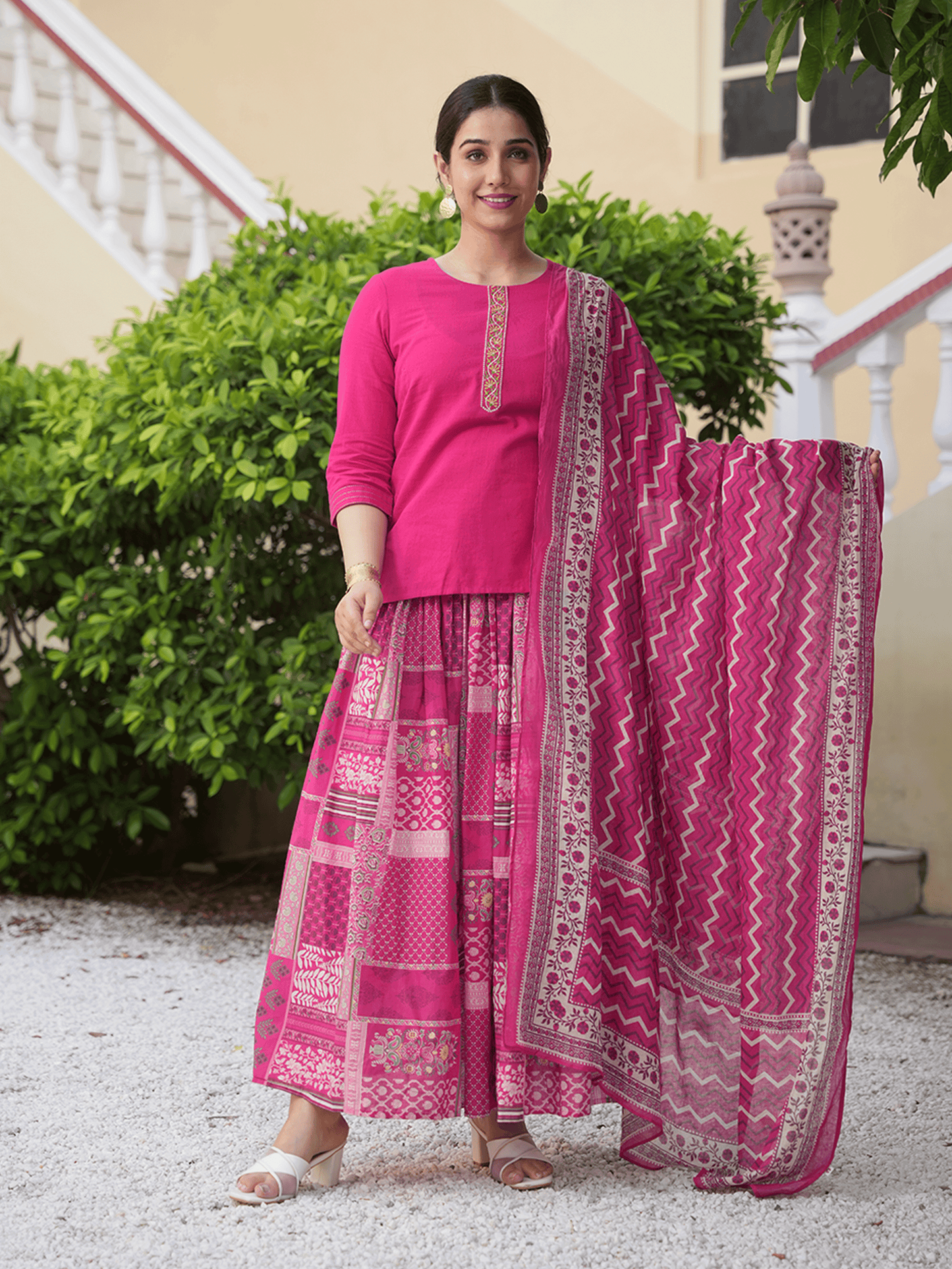 Embroidered Soft Cotton Solid Royal Pink Kurti