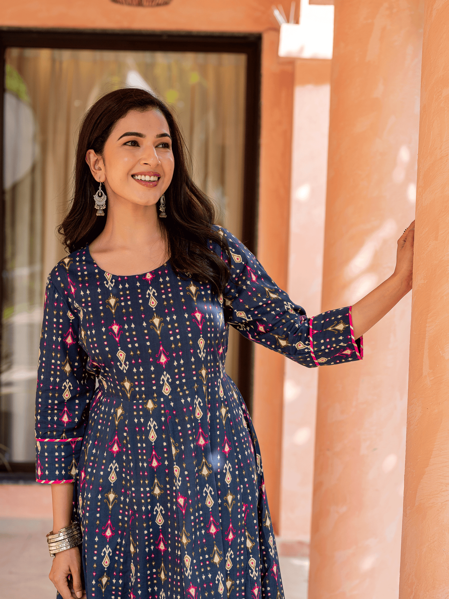Soft Cotton Ikat Anarkali Blue Dress