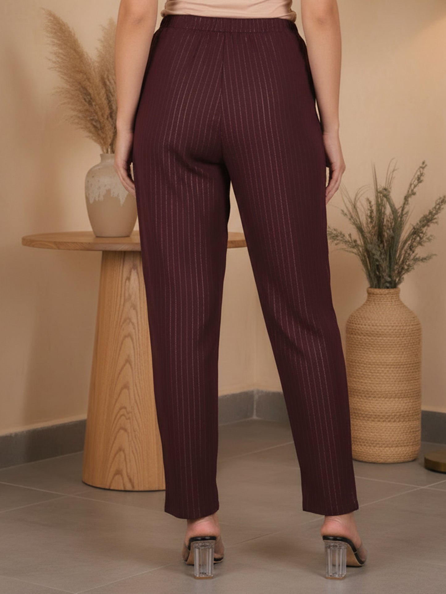 Lurex Cotton Solid Brown Tapered Trousers