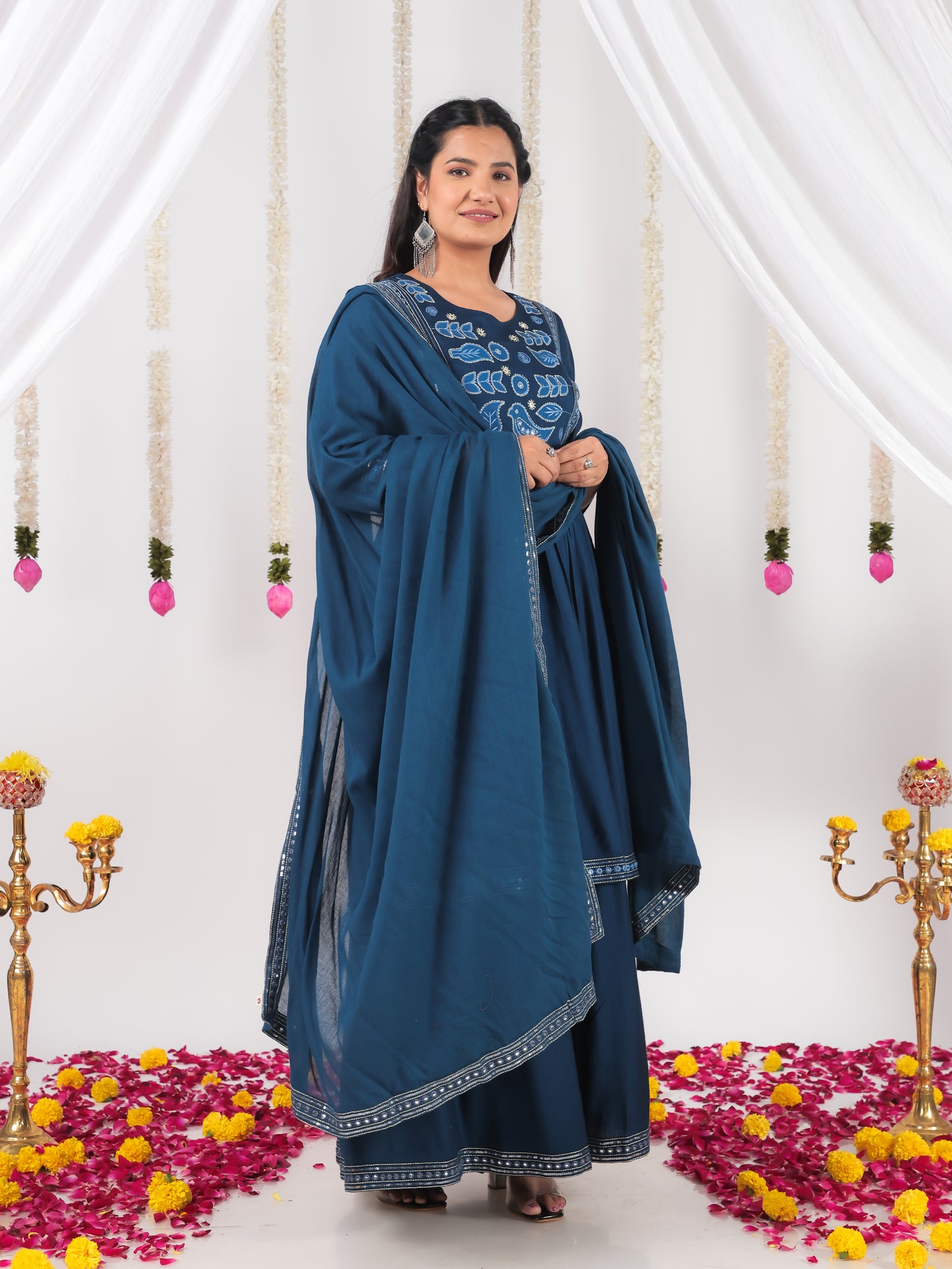 Embroidered Blended Silk Solid Flared Blue Kurta