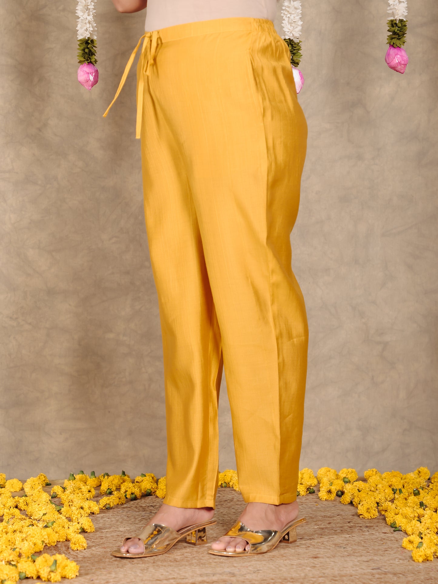 Blended Silk Solid Yellow Tapered Trousers