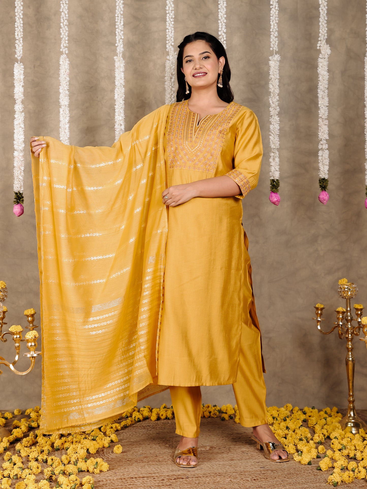 Embroidered Blended Silk Solid Yellow Kurta