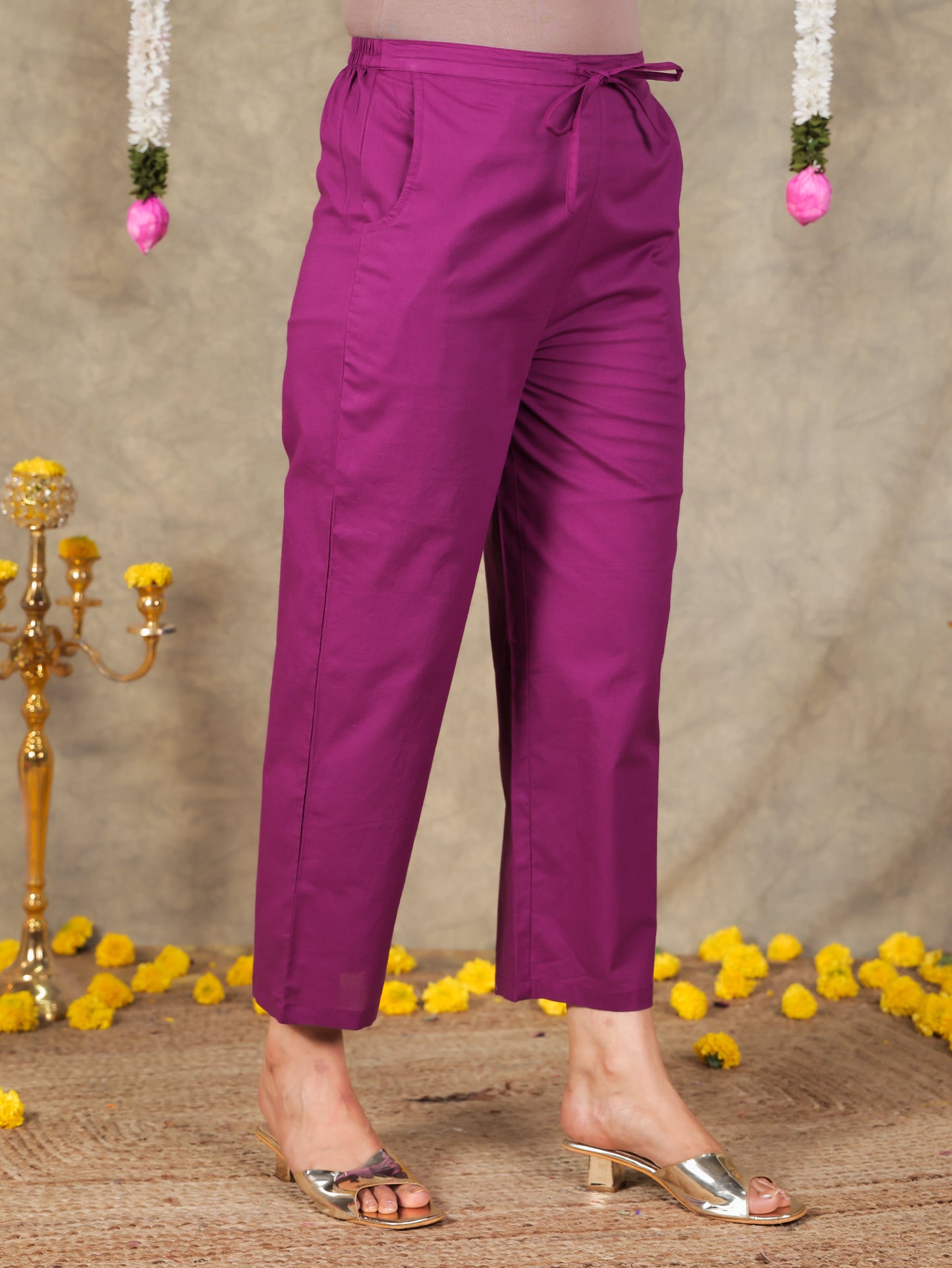 Soft Cotton Solid Purple Tapered Trousers