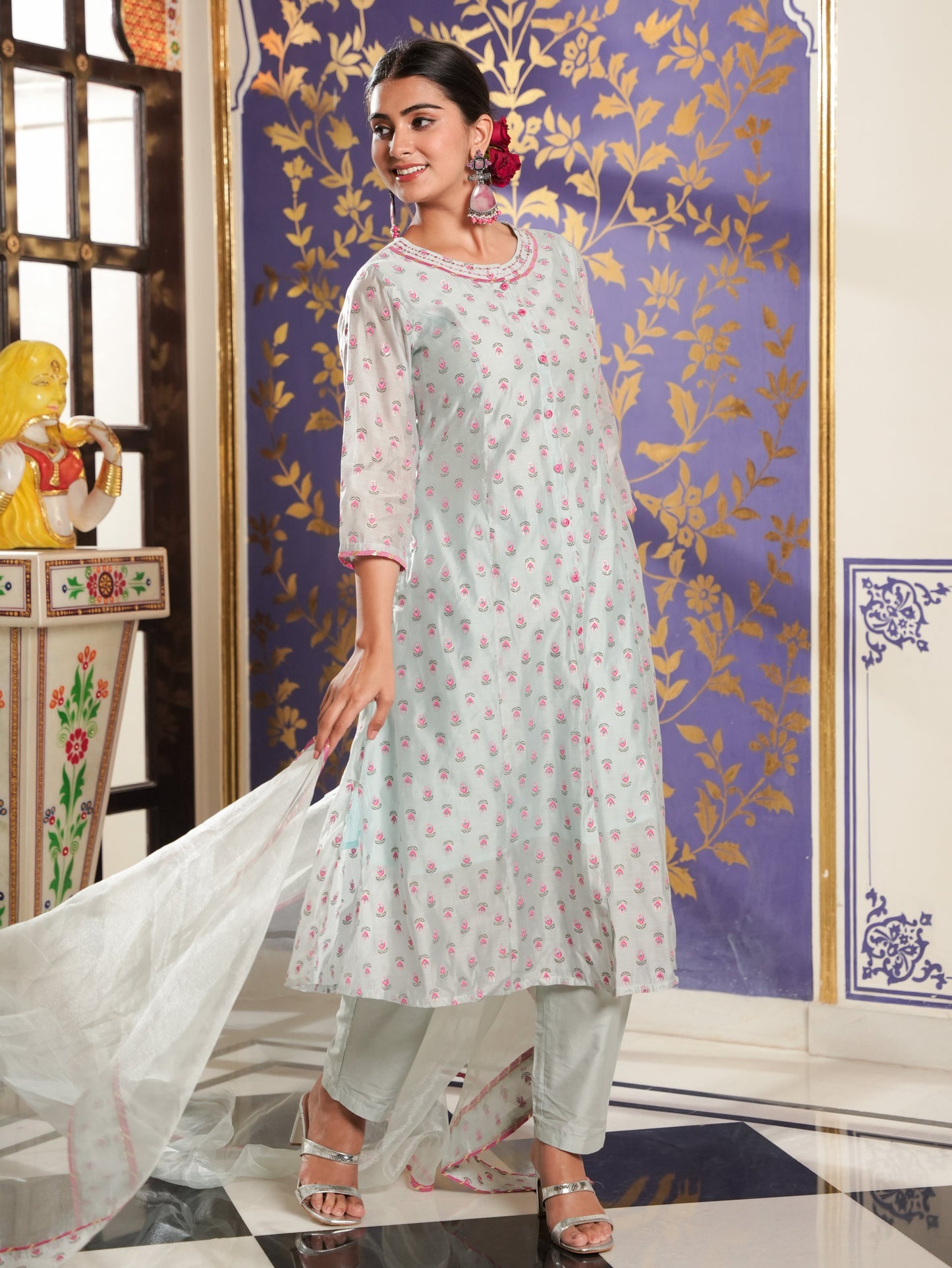 Organza Floral A-line Blue Kurta