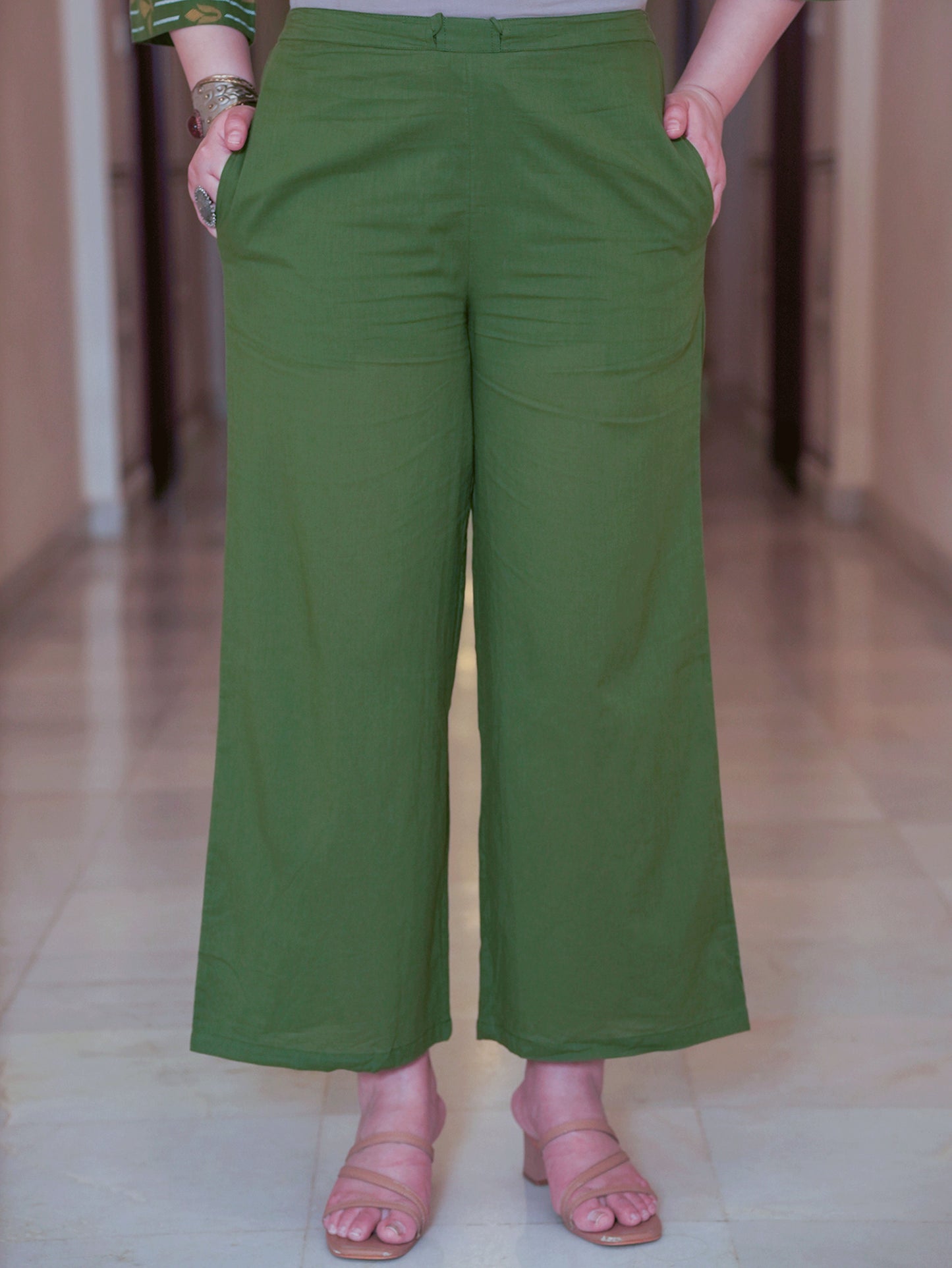 Soft Cotton Solid Green Palazzo