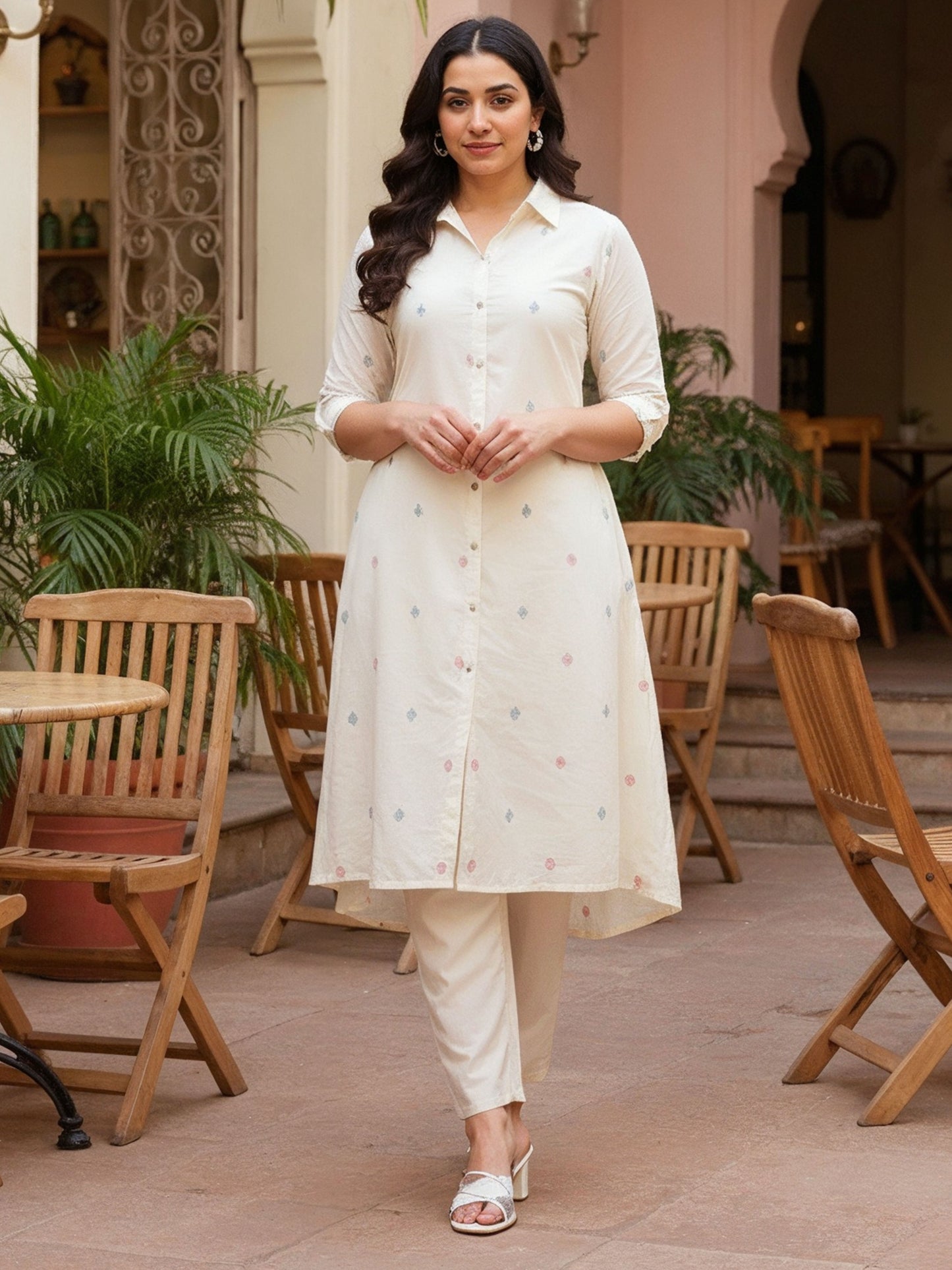 Soft Cotton Geometric Flared Cream Kurta