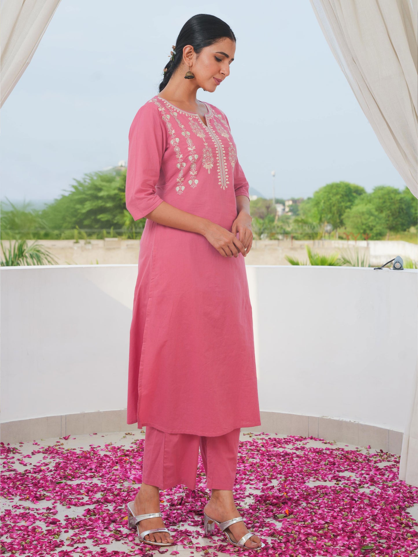 Embroidered Soft Cotton Solid A-line Coral Kurta