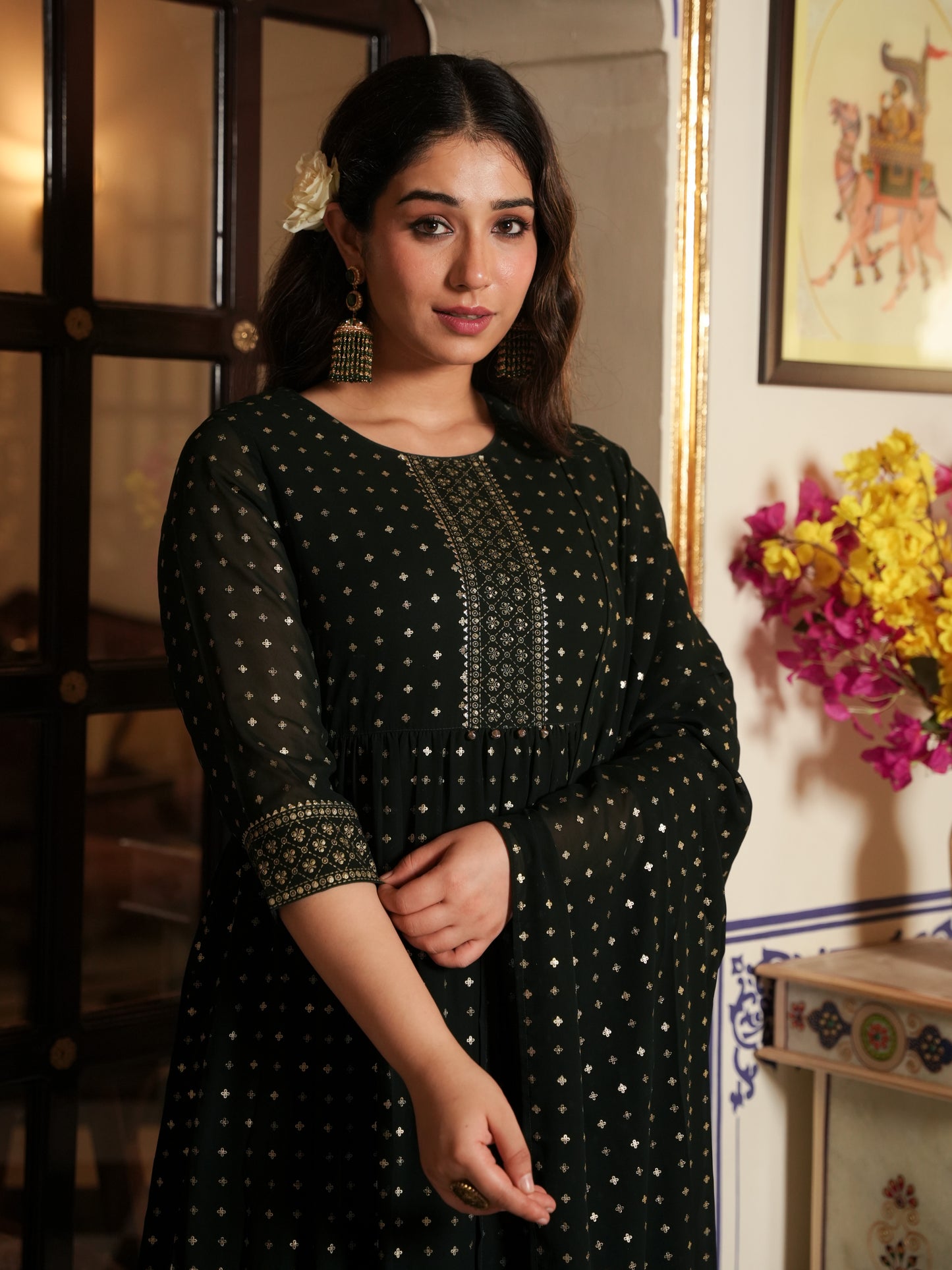 Georgette Gold foil Green Dupatta