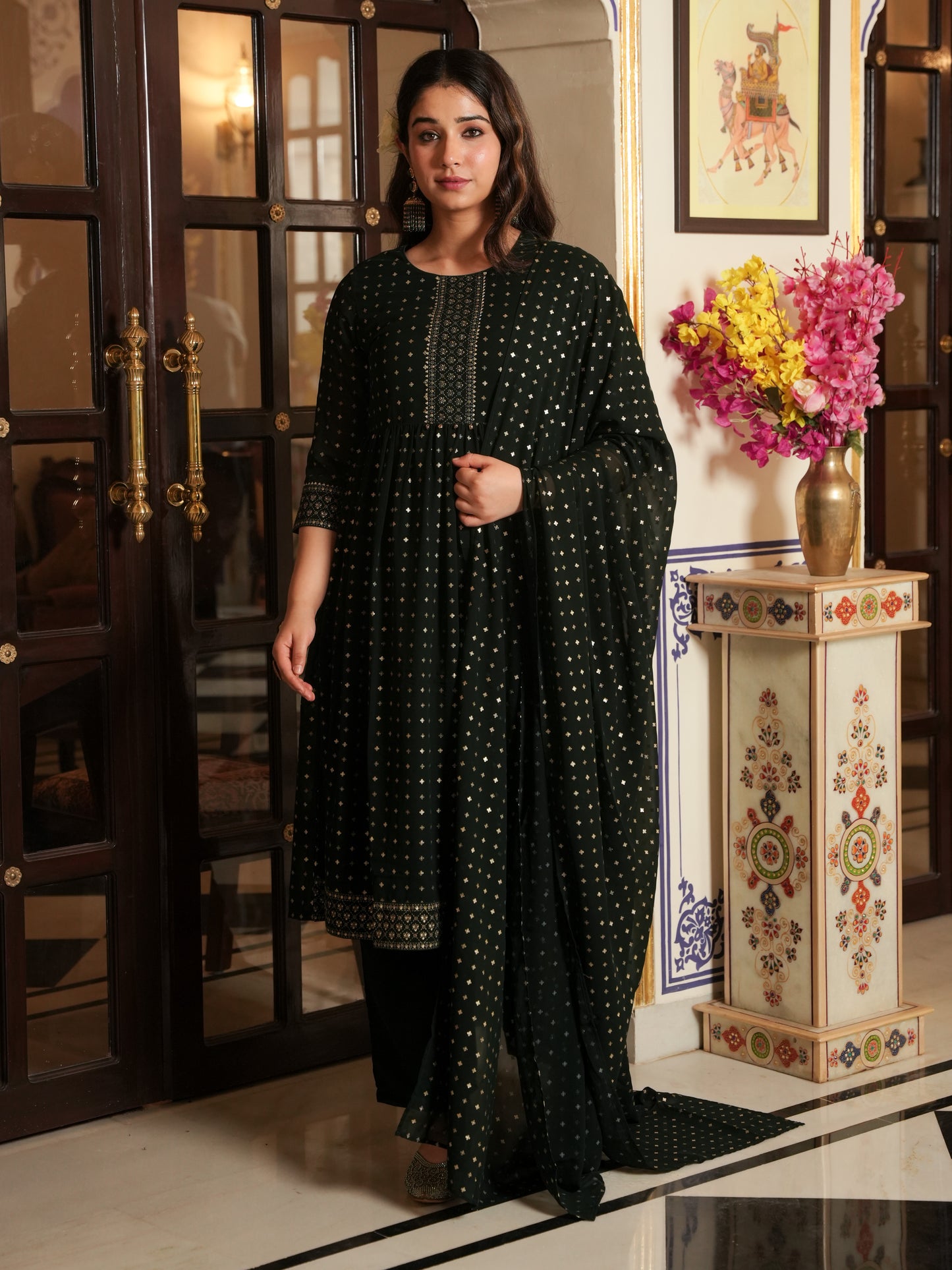 Georgette Gold foil A-line Green Kurta