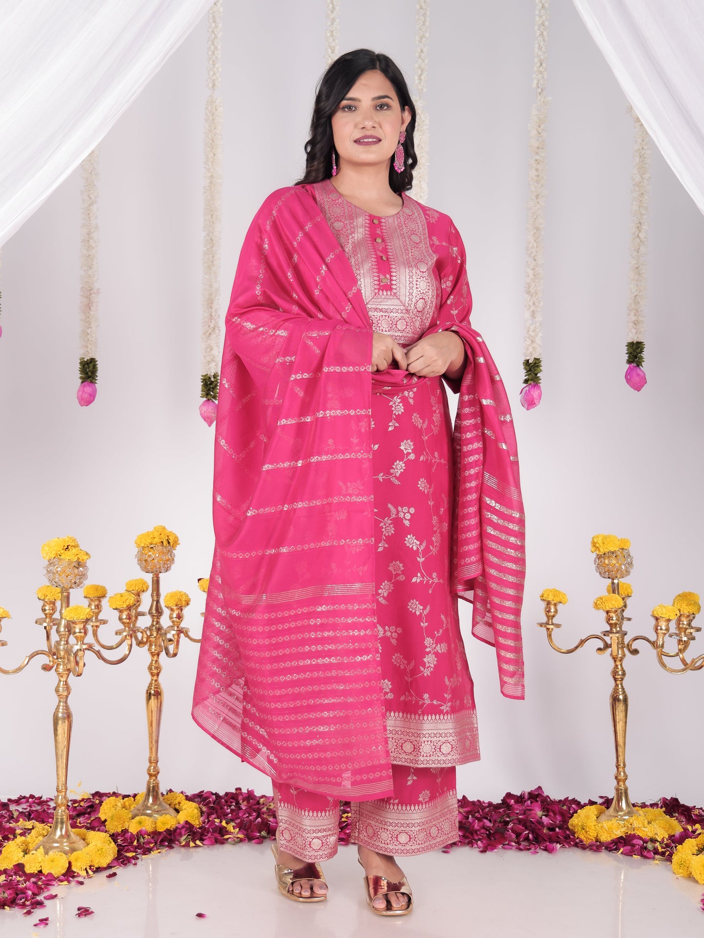 Blended Silk Floral Royal Pink Dupatta