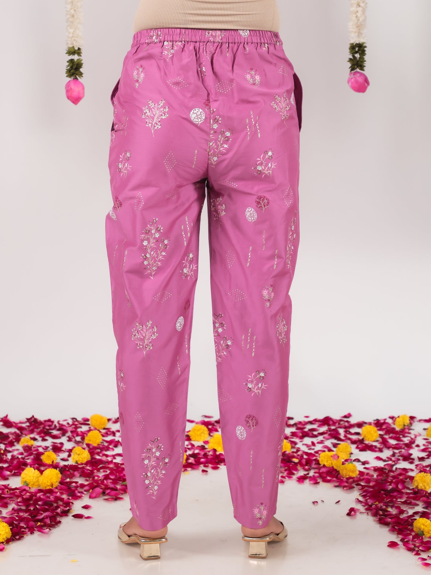 Roman silk Floral Purple Trousers Tapered Trousers