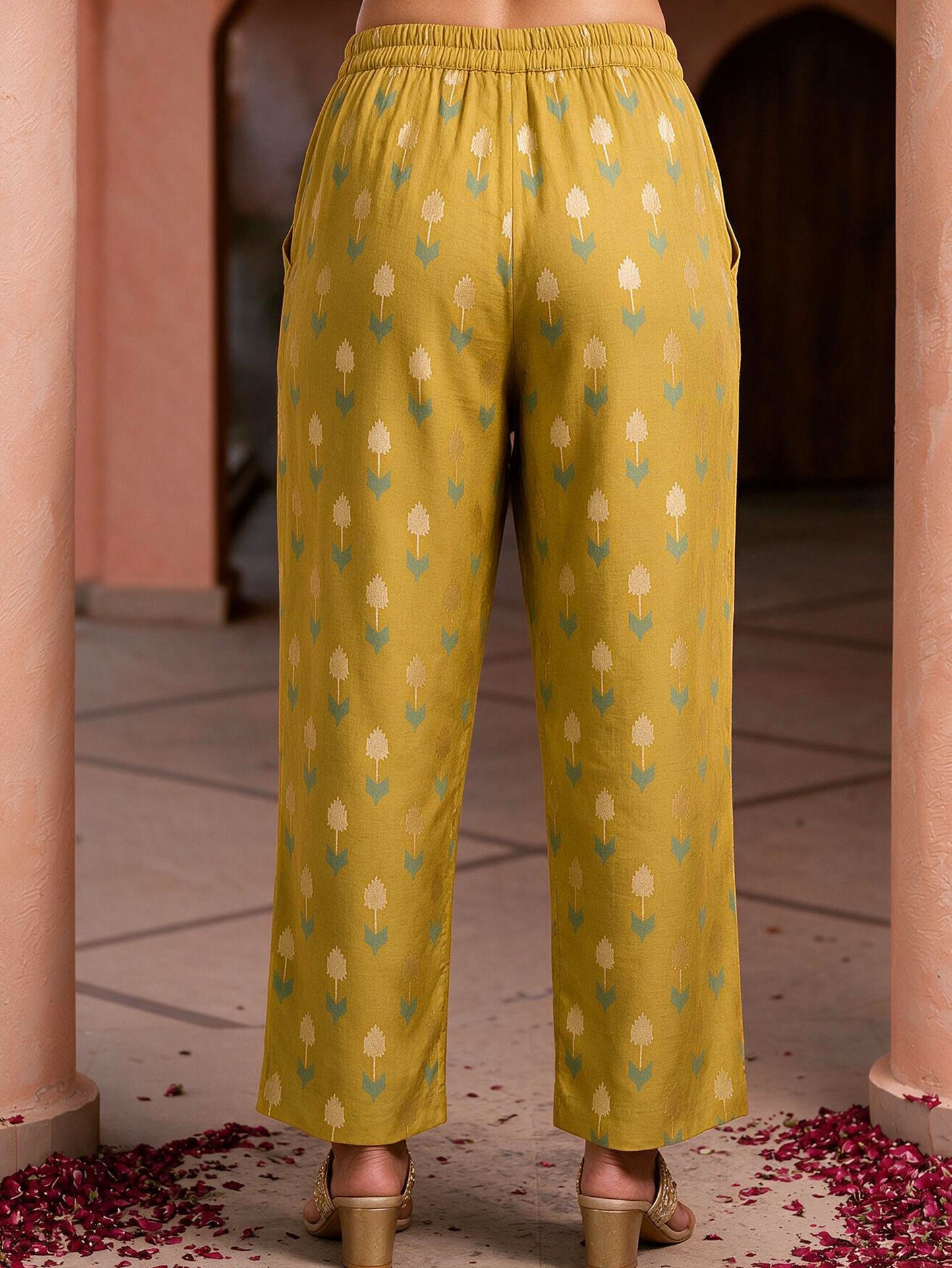 Chanderi Geometric Lime Green Straight Trousers