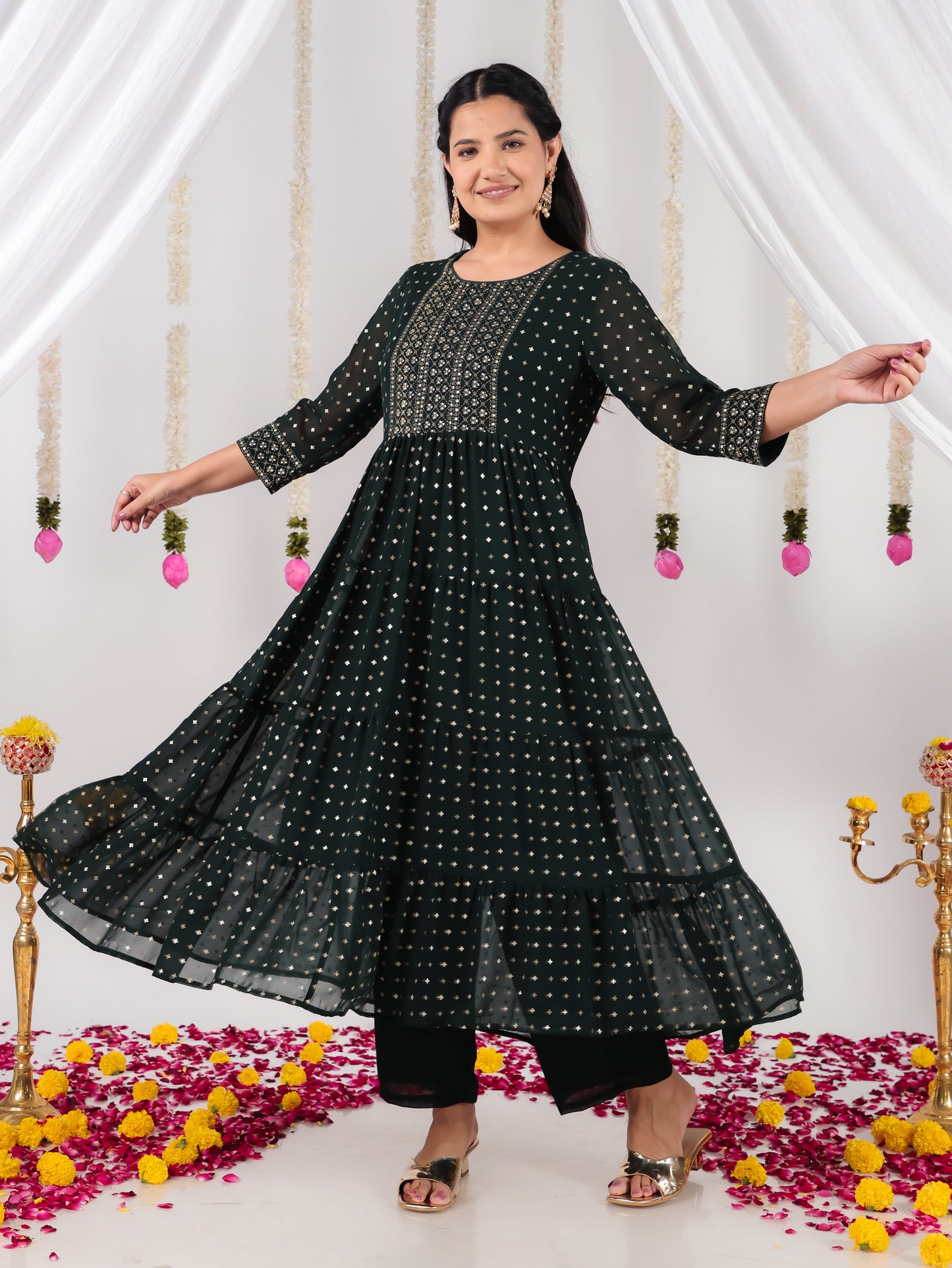 Georgette Solid Anarkali Green Kurta