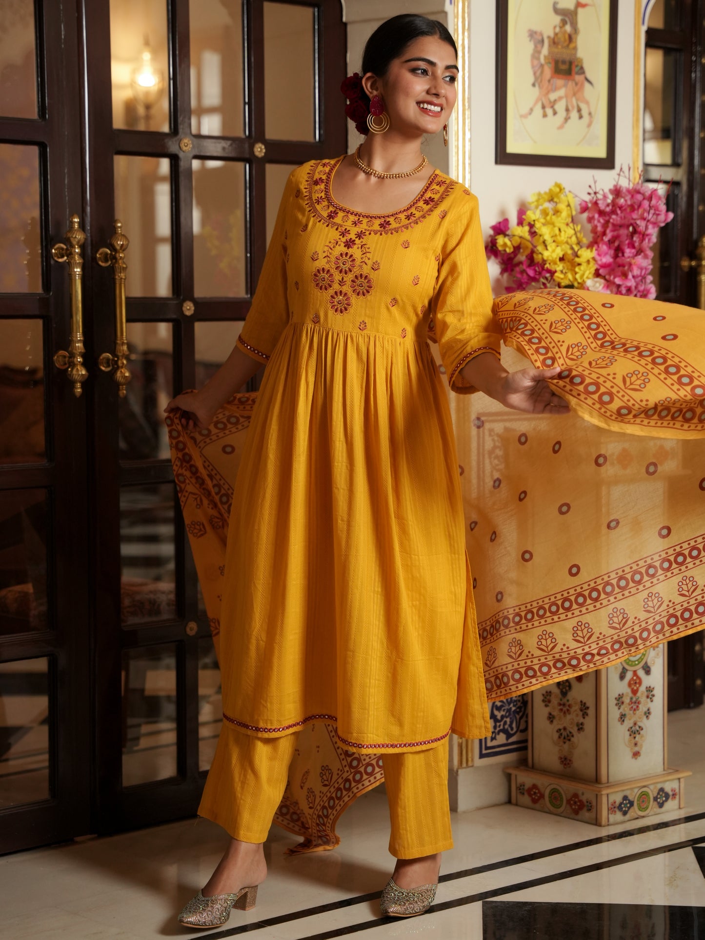 Cotton Voile Floral Yellow Dupatta