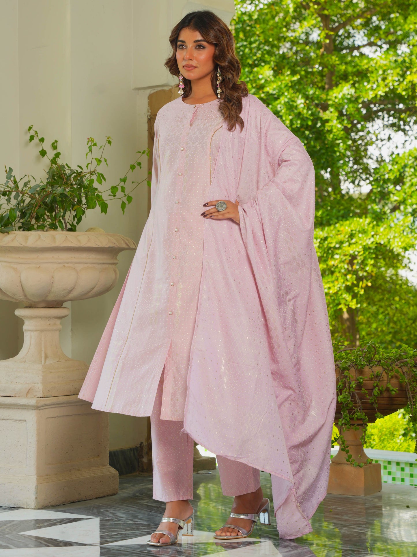 Chanderi Gold foil A-line Pink Kurta