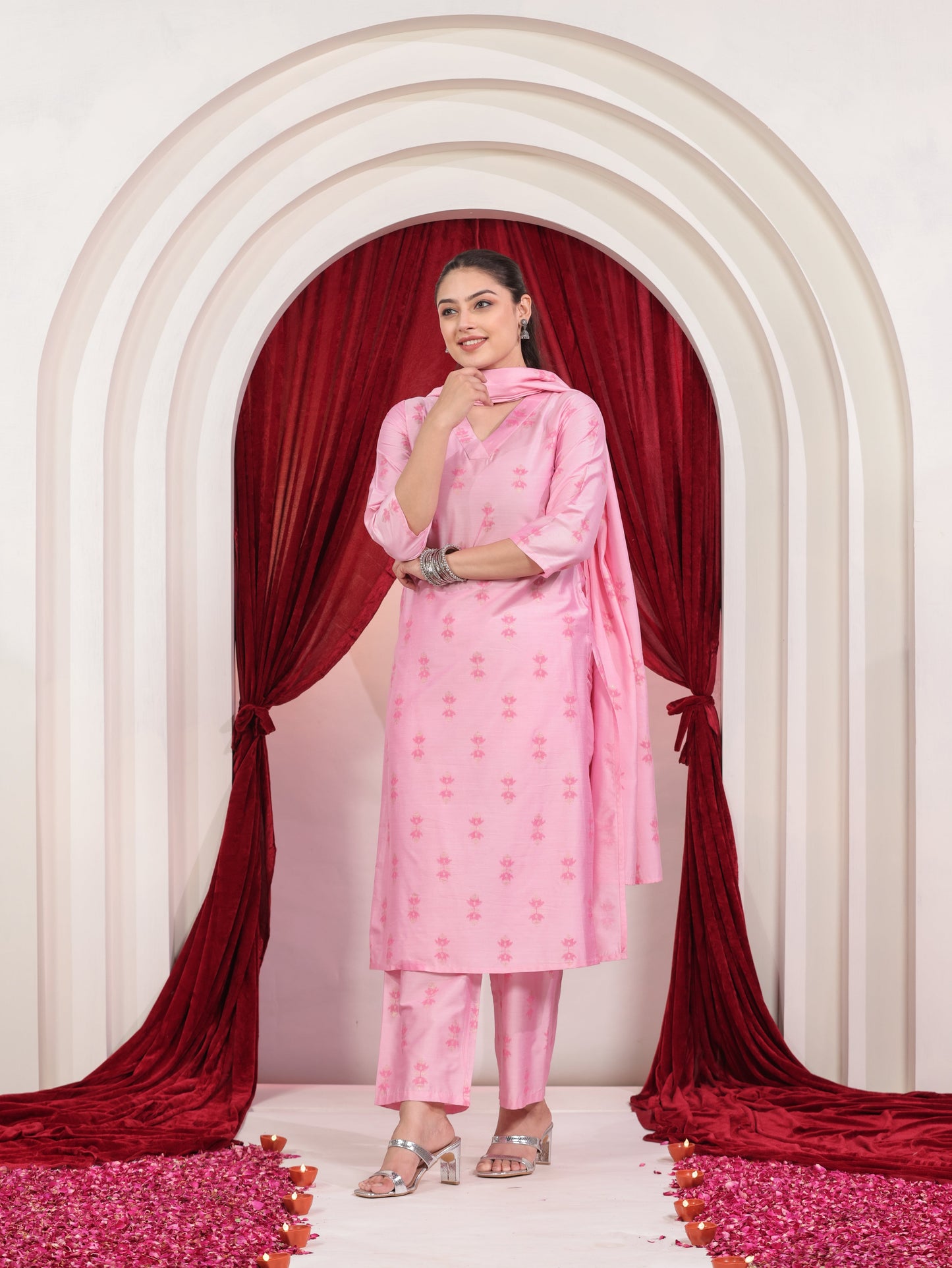 Chanderi Geometric Baby Pink Dupatta