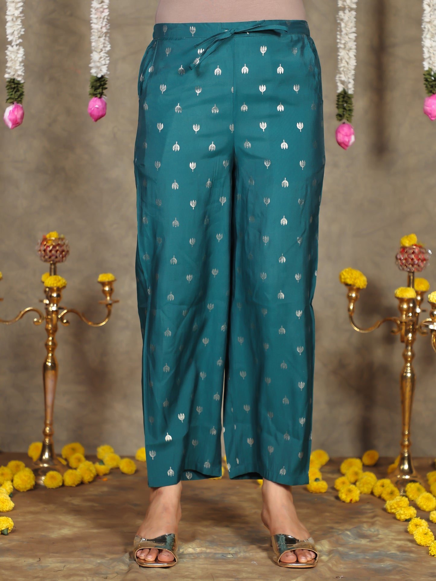 Chanderi Gold foil Teal Straight Trousers