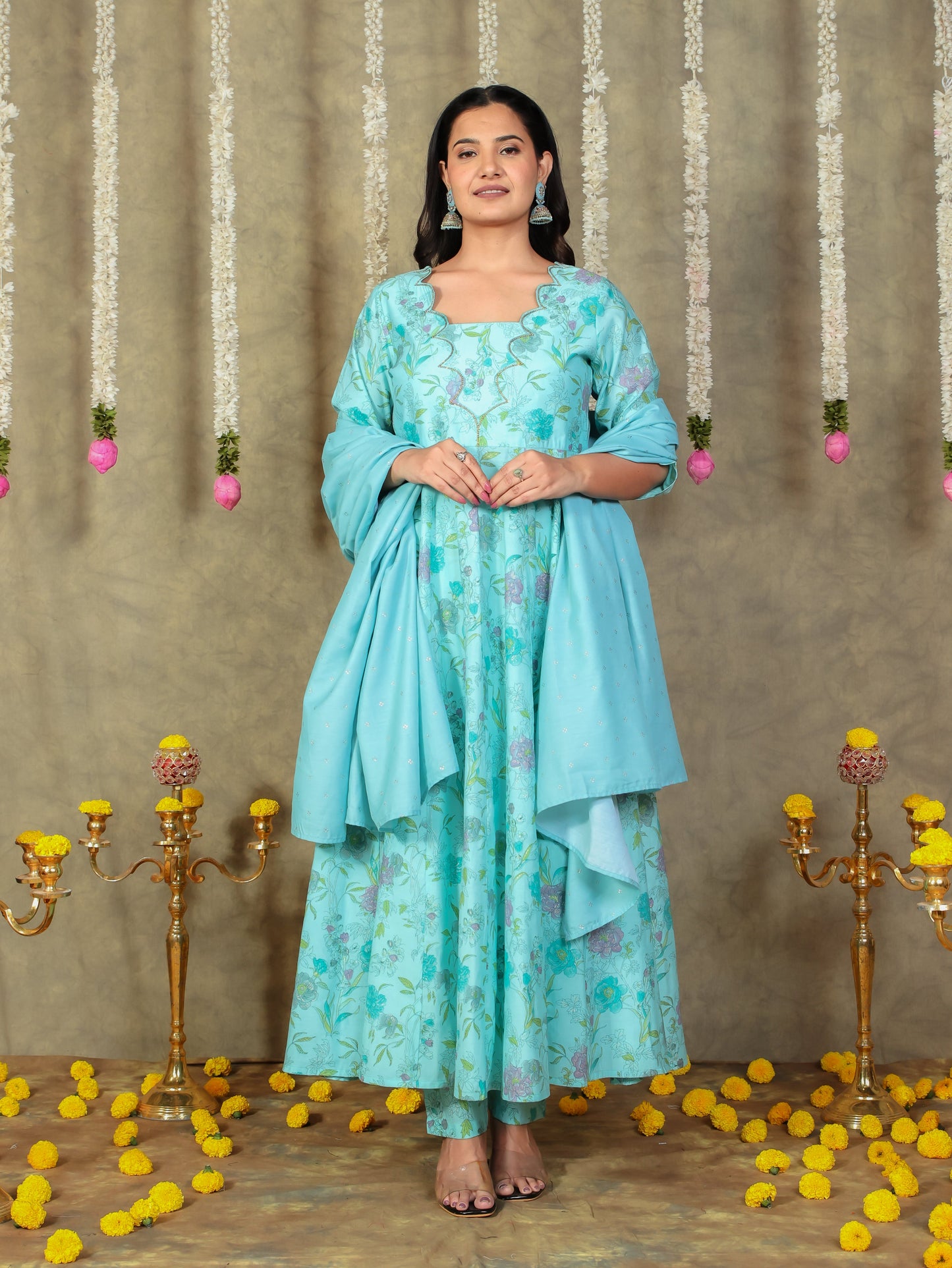 Blended Silk Floral Turquoise Dupatta
