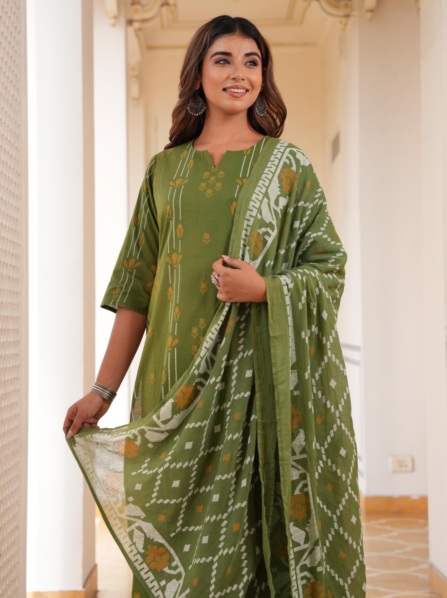 Cotton Voile Geometric Green Dupatta