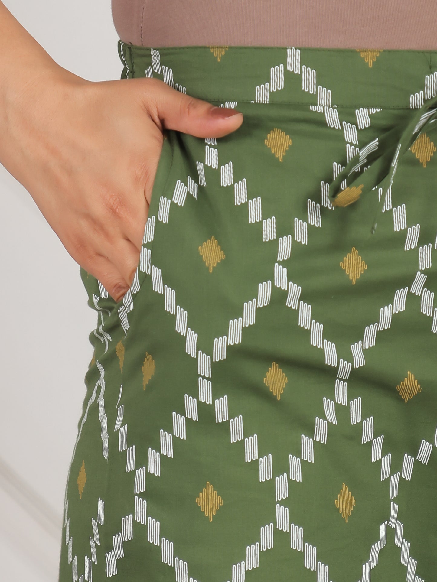 Soft Cotton Geometric Green Straight Trousers