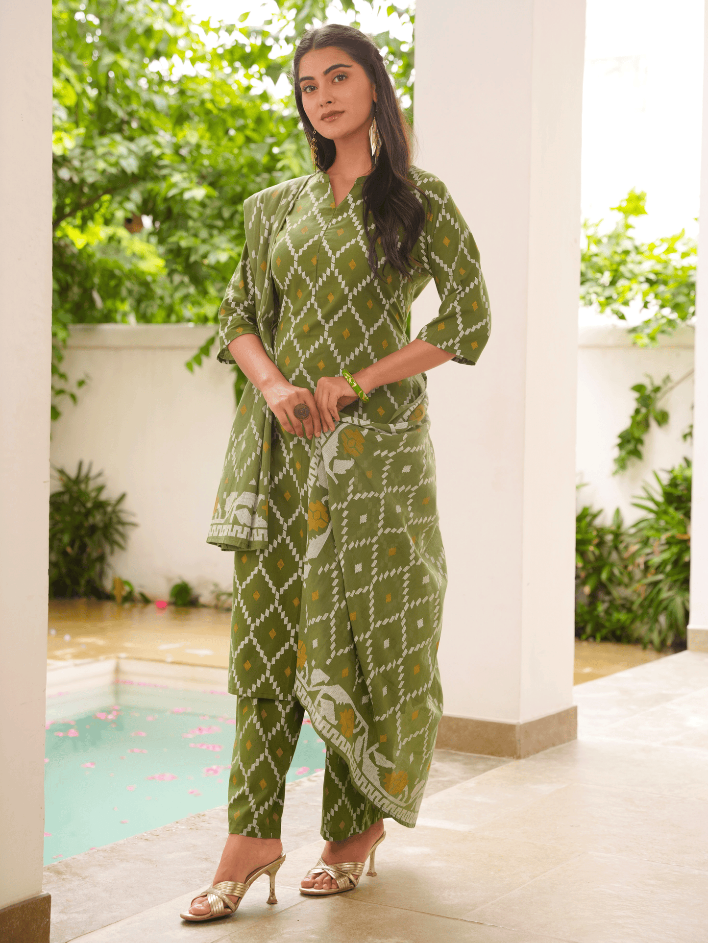 Cotton Voile Geometric Green Dupatta