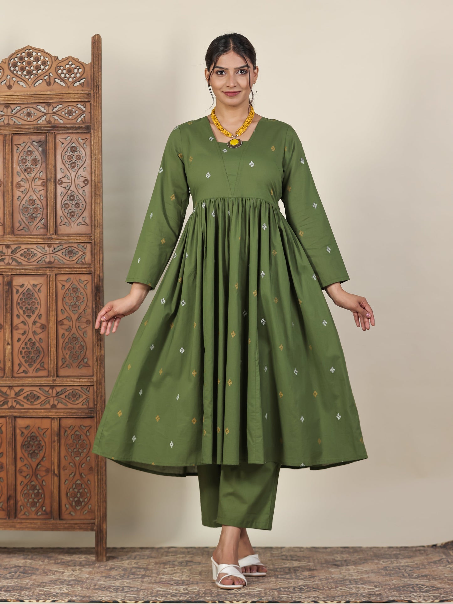 Soft Cotton Geometric Anarkali Green Kurta